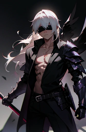 1male, 4 black shadow wings, long white hair, black blindfold, open shirt, shadow armor, black shadow armor, black shadow sword, shadow aura, blindfold, blind, scars, scar, dark magic , dark, darkness, , cowboy shot , perfect face