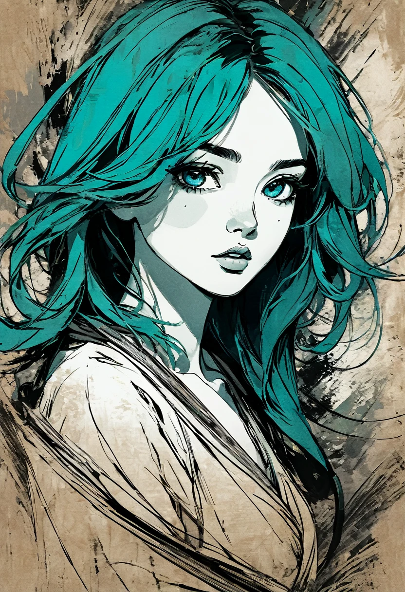 A woman in a situation?, Sketch, color palette from amber to teal, Detailed Features, beautiful, ancient style, high contrast lighting, expressive eyes, messy hair. (Best Quality, high resolution, realist:1.37), ancient, monochrome, intense look, dramatic lighting, rough background, worn paper texture, retro vibes, ID photo, front view, Surrounding women with abstract art clichés., ((Detailed eyes))，((Correct anatomy))，((​masterpiece、top-quality、ultra-definition、hight resolution))、4K picture quality