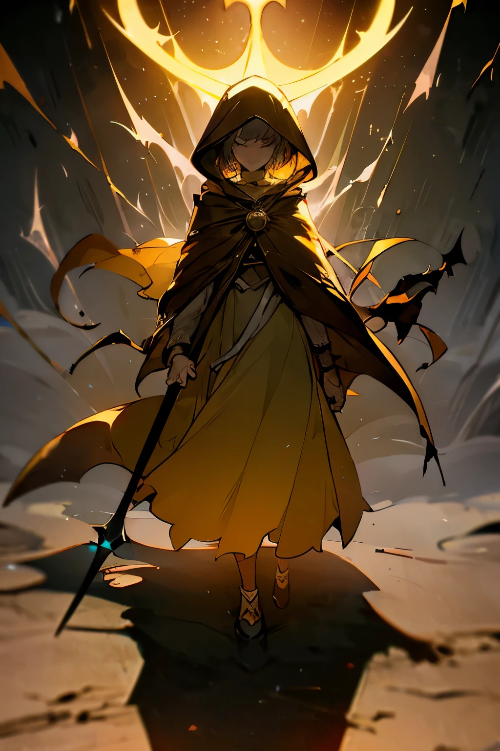 Luce, the young exorcist, stands firm in a dim urban alley, cloaked in her distinctive yellow raincoat with the hood up, creating a protective aura around her. Her coat, slightly weathered from past encounters, contrasts sharply against the gritty darkness, symbolizing her resilience and divine protection. She grips her phosphorescent, two-pronged staff in her right hand, casting a greenish glow that illuminates her figure and pushes back the surrounding shadows.

Her eyes, adorned with scallop shell motifs, shine with fierce determination, symbolizing her hope and inner light as she faces a swirling, menacing demon—a chaotic cloud of white smoke filled with claw-like shapes. Her orange missionary cross rests visibly on her chest, radiating a warm glow that highlights her compassion even in the face of darkness.

The gritty alley is filled with cracked walls and debris, lit only by Luce’s glowing staff, casting deep shadows and creating a dramatic chiaroscuro effect. She stands grounded, her expression a blend of youthful innocence and unyielding courage, embodying both vulnerability and strength. This scene captures Luce as a steadfast beacon of hope, prepared to confront the forces of evil with unwavering faith and resolve.