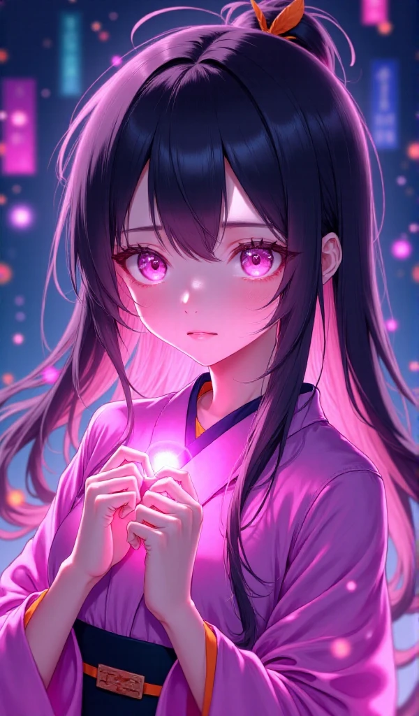 **Prompt para Personagem: Nezuko with Bioluminescent Effects:**

A young woman named Nezuko, with delicate and expressive features, with skin clear and large pink eyes that seem to glow with ethereal intensity. Her black hair is long, fluid, and gently waves down to her waist, with highlights at the ends in a vibrant shade of burnt orange. She wears a traditional Japanese kimono in shades of soft pink and black, with a characteristic geometric pattern. There is a bioluminescent glow emanating from her body: a light and pulsating aura that outlines her arms, legs and hair, highlighting her features in shades of luminous pink and lilac. This effect causes her veins to emit a slight luminescence beneath her skin, especially on her wrists and ankles, as if mystical energy flows through her body. Nezuko's eyes glow intensely, with a determined look,  and in her mouth is the characteristic bamboo that she bites to contain her demonic impulses, now with details of luminous lines, as if magic surrounds her and illuminates the environment around her.
(anime style 32K, HDR, UHD, intricate detail, extremely intricate detail, hyperrealistic, extremely realistic, high quality, vivid color, extremely detailed).