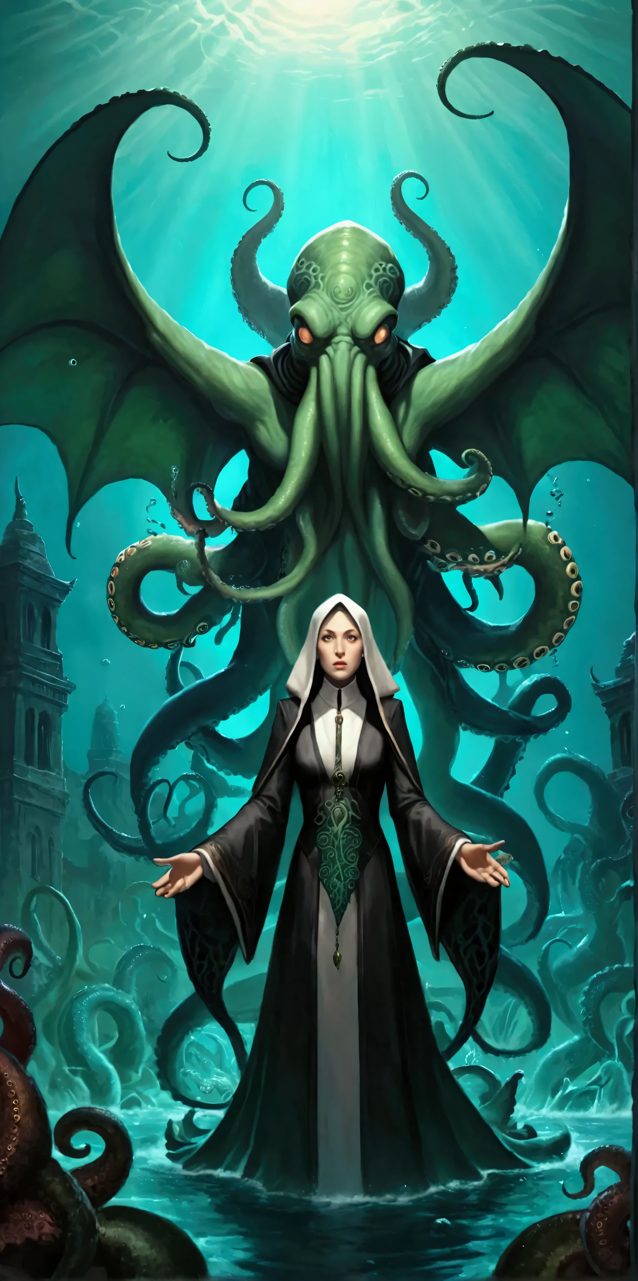 (1girl and 1monster:1.4),1girl\(nun,crazy face,mad face,deep ones,greyish-green, white bellies,mostly shiny and slippery,vaguely suggested the anthropoid, (heads of fish:1.3), prodigious bulging eyes,palpitating gills,praying fervently for Cthulhu resurrection\), 1monster\((Cthulhu:1.3), excessively huge haze,green,octopus-like head, face\(mass of feelers\), scaly, rubbery body, prodigious claws on hand and fore feet,  wings\(long, narrow\)\). BREAK .(maddening just to look at:1.3), background\((psychedelic landscape),(dark underwater temple)\),(dynamic angle:1.4).  BREAK .quality\(8k,wallpaper of extremely detailed CG unit, high resolution, top-quality, top-quality real texture skin, hyper realistic, increase the resolution, RAW photos, best quality, highly detailed, the wallpaper, golden ratio, high saturation realism, vibrant colors, dramatic lighting, persuasive storytelling, atmospheric scenery, captivating visuals, intricate details, strong emotions, dreamlike world\),art for THE CALL OF CTHULHU,powerful paintings, religious painting, mood of horror