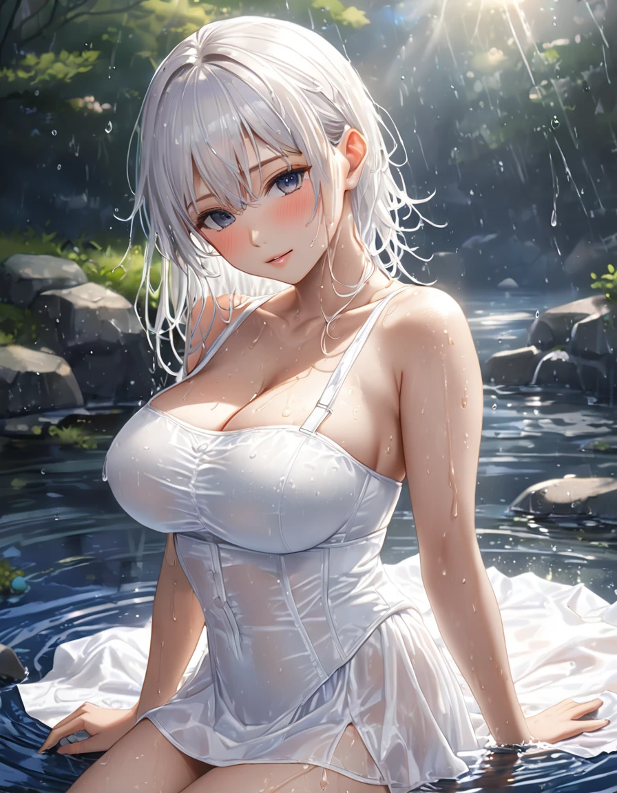 starry night,Natural posture,Beautiful woman, Beautiful womanの裸体,Perfect nude,(( top is a flat line of bare top made of pure white wet thin fabric, exposing the underbust)),((Short flared skirt made of pure white wet thin fabric )),((ランダムカラーの wet hair  )),(( wet hair  :1.5)),Big Breasts, ((美しいBig Breasts)),(( EXPOSED UNDERBUST :1.5)),BEAUTIFULLY ROUND BIG ASS   ,((BEAUTIFULLY ROUND BIG ASS  を披露しましょう)),((Wet Skin:1.5)),((Pure white wet thin fabric texture :1.5)),((Skin is transparent)),Lying by the water, 