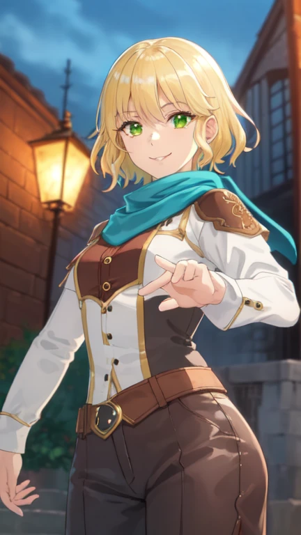 shele style ,  Best quality, ( masterpiece :1.2), detallada, (smiling), (((Empty a lanza))),  short hair , blonde, choke,  green eyes, Green-blue scarf,  white shirt , long sleeves, Bermuda, (((cowboy shot))), ((( Dynamic Pose ))), ( masterpiece ,  Best quality, ultra detailed,   beautiful illustration  ),  atmospheric perspective , depth of field,  beautiful detailed eyes ,  Dynamic Pose ,  dynamic angle , 1 girl, ((al aire libre,  fantasy city background)), 8K, 16K, trend on pixiv, Fan box, skeb,  masterpiece , detailed face, digital painting, ( Best quality, ultra detailed), (detallada background:1.2), (cara perfecta, detailed face), looking at the viewer, (mature female:1.4),  