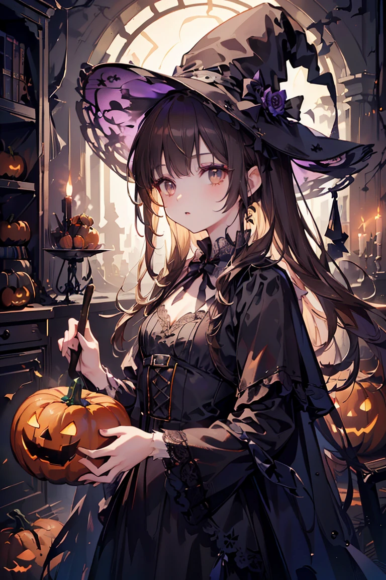 (((Best quality, 8k, Masterpiece: 1.3)), ((best quality)), ((masterpiece)), (detailed), photorealistic, perfect face, woman with brown hair is dressed in a Halloween witch costume. She wears a stylish black witch's hat with a slight tilt, a flowing dark dress with subtle lace details, and carries a small broomstick. Her makeup is elegant, with a hint of dark lipstick, giving a mysterious yet charming look. The background is a Halloween-themed setting with dim lighting, pumpkins, and a spooky but chic atmosphere, capturing the spirit of Halloween night.