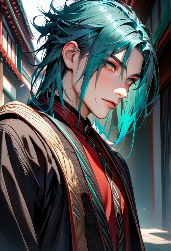 {MALE, MAN, YOUNG ADULT MAN } absurdres, highres, ultra detailed, HDR, master piece, best quality, extremely detailed face and eyes, perfect face, realistic face, beautiful eyes, Jiyan, aquamarine hair, expressive golden eyes, Black jacket, Red shirt, patterns, solo, man, handsome. {old japanese temple background}{ Dark aquamarine HAIR} {d6aa03 eyes }{WAIST SHOT}