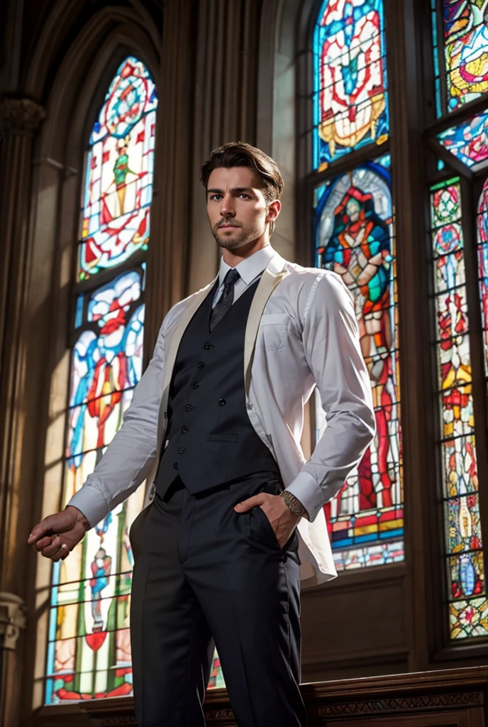 A photograph of a white man , beautiful, dark brown hair , blue-gray eyes, high, strong, ombros largos, Defined abdomen, several tattoos on the body, wearing dress pants , dress shoe, He has a serious and handsome face. Rays of sunlight are filtered through the stained glass windows , casting a magical glow . The name of the artist , Trix Art, is inscribed in the lower right corner . The date is 30 /10/24.