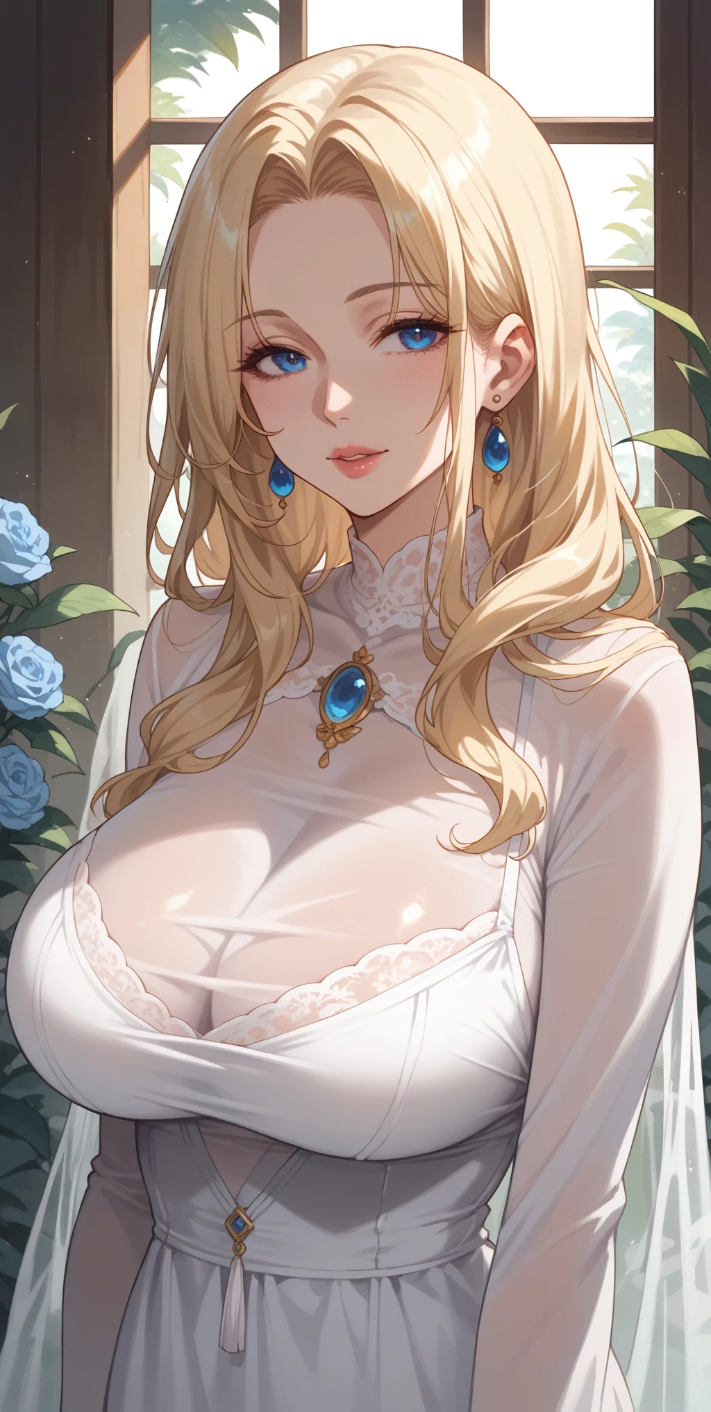 score_9, score_8_up, score_7_up, mature woman, milf, blue eyes, perfect eyes, blonde hair, chignon hair, large breast, long sleeve dress, white transparent dress, close up, home, soft light