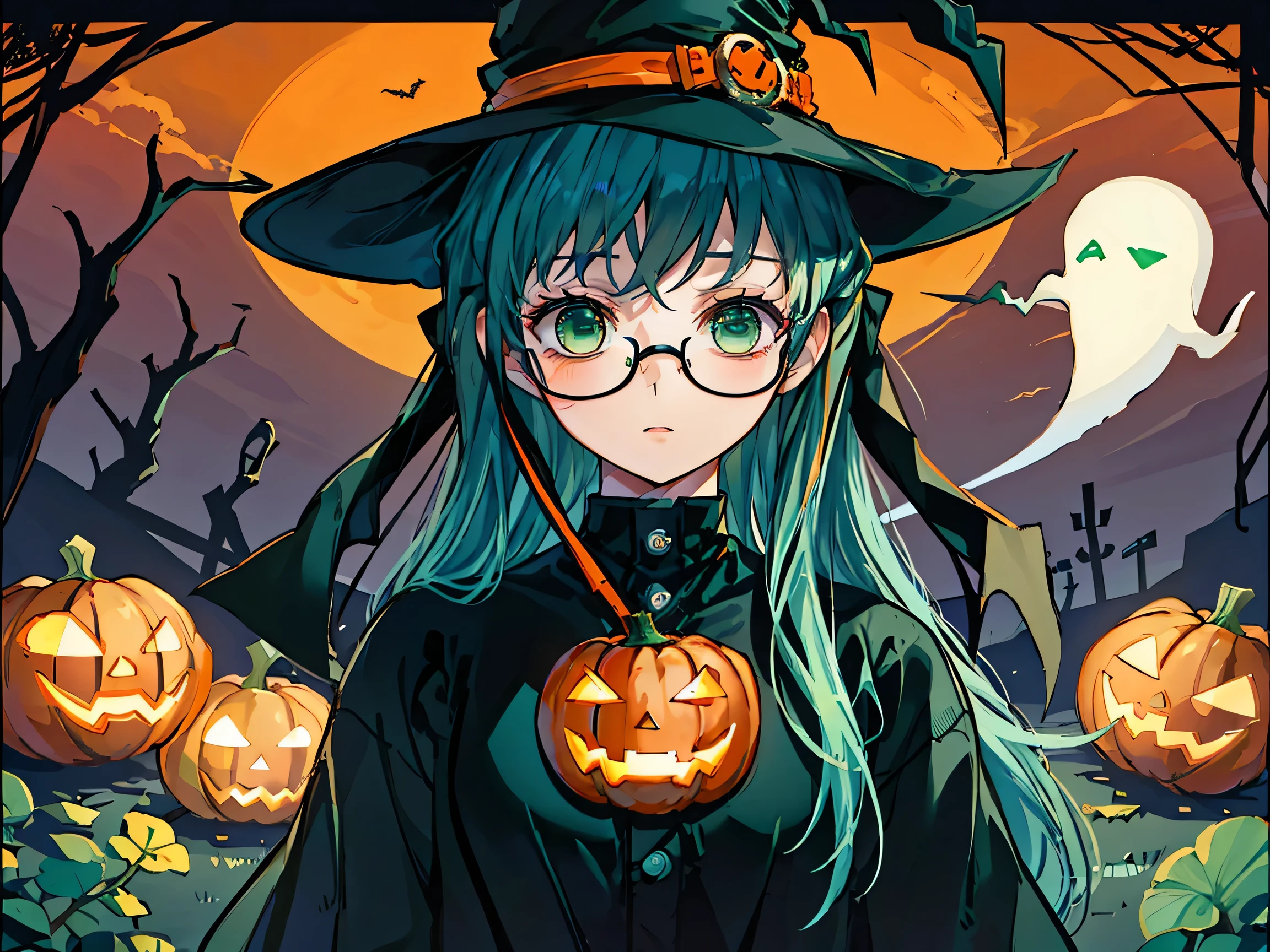 Ghost
Halloween 、 happy halloween
Halloween _ costume
Jack-o-lantern
pumpkins、 lots of pumpkins
witch hat 
(masterpiece, Best Quality, Best Quality, Highest detail,  perfect face) 1 male,  Long Green Hair , green eyes, (Clothes: Glasses, Black undershirt）,