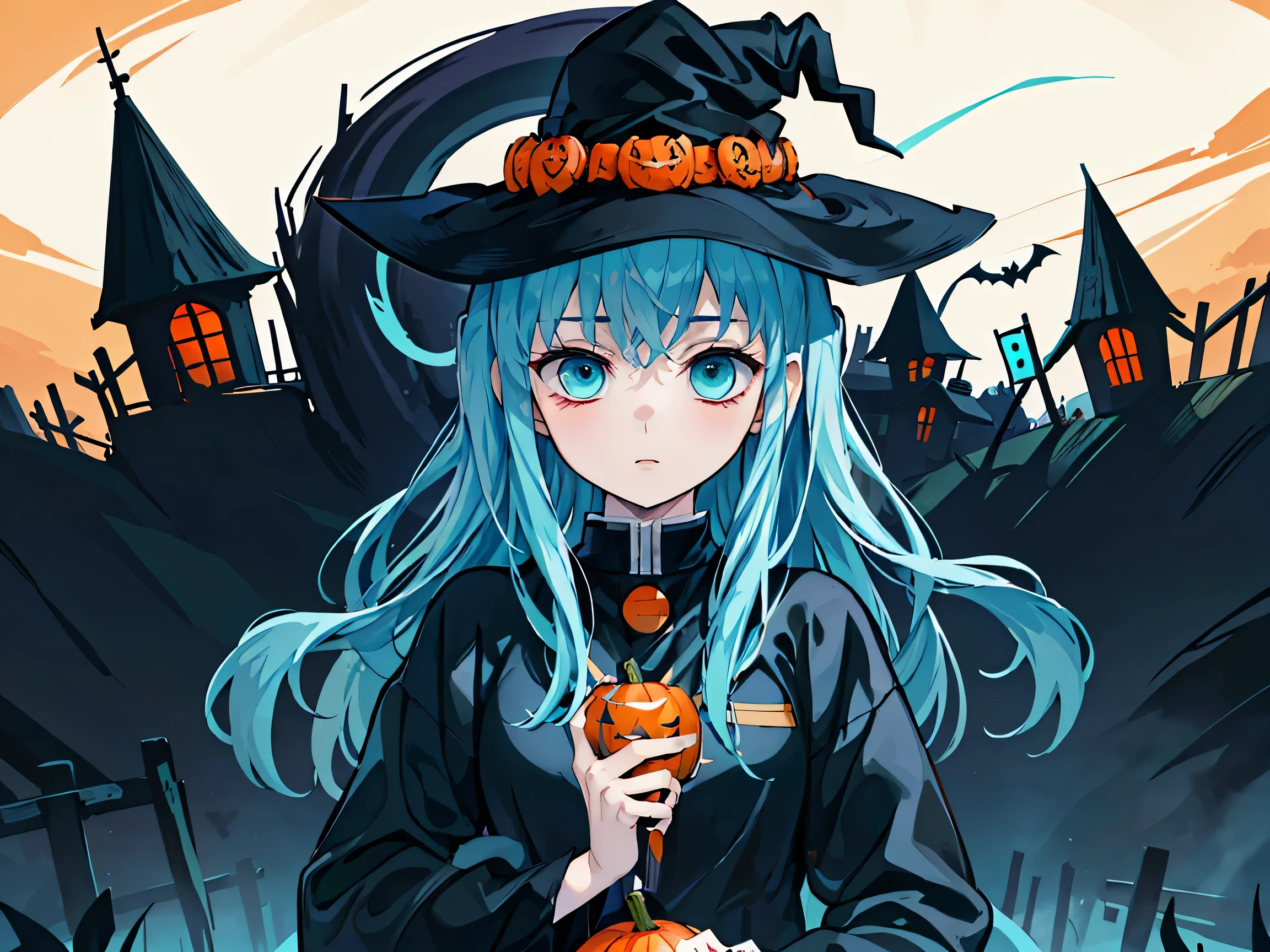 Ghost
Halloween 、 happy halloween
Halloween _ costume
Jack-o-lantern
pumpkins、 lots of pumpkins
witch hat 
(masterpiece, Best Quality, Best Quality, Highest detail,  perfect face)   One person, actually,Long Hair,  Black Hair ,  Aqua Hair, bangs,  Multicolored Hair,  side lock,  long sleeve , Aqua Eye,  demon slayer uniform,,