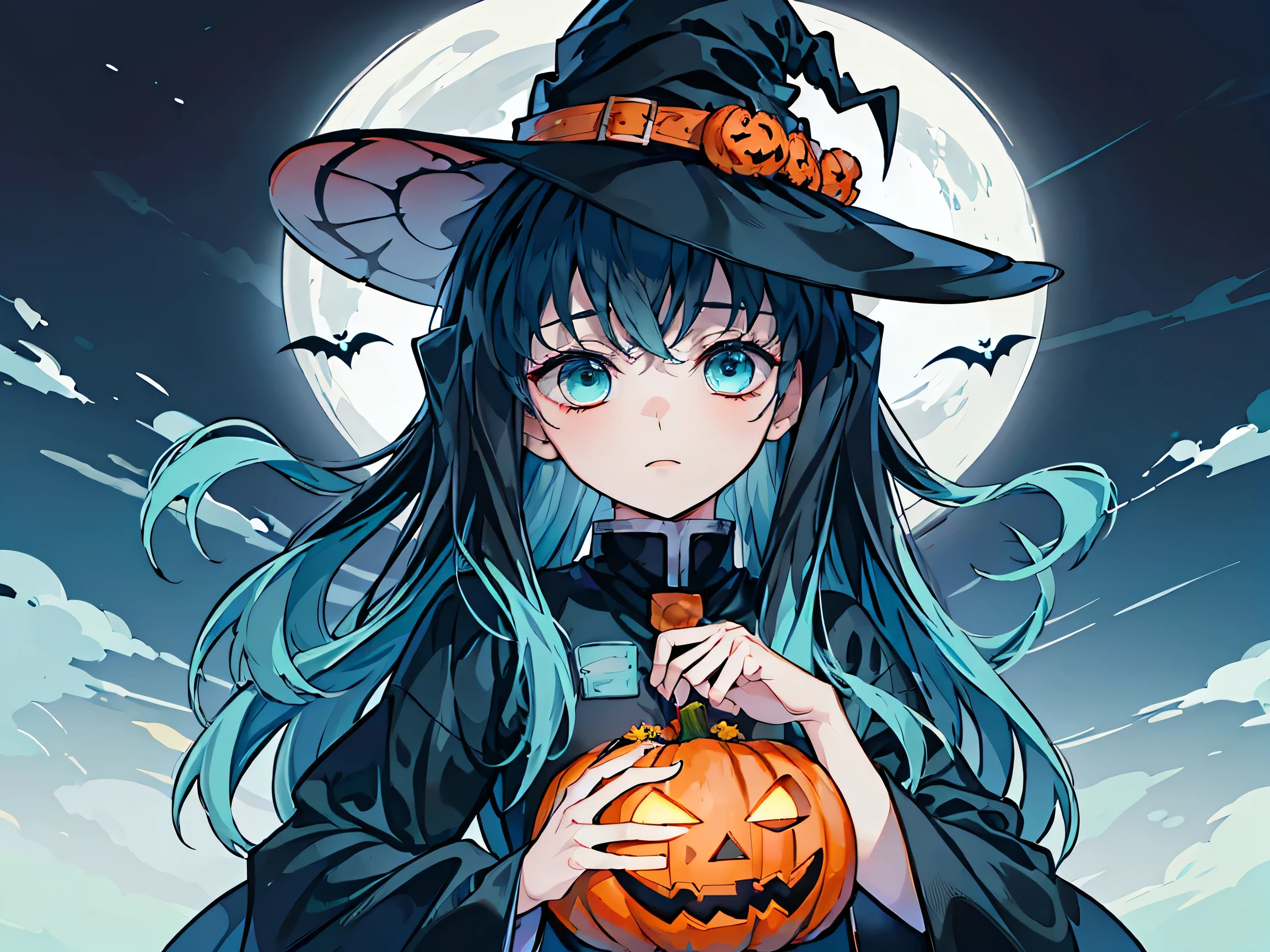 Ghost
Halloween 、 happy halloween
Halloween _ costume
Jack-o-lantern
pumpkins、 lots of pumpkins
witch hat 
(masterpiece, Best Quality, Best Quality, Highest detail,  perfect face)   One person, actually,Long Hair,  Black Hair ,  Aqua Hair, bangs,  Multicolored Hair,  side lock,  long sleeve , Aqua Eye,  demon slayer uniform,((Happy Halloween characters on background)),