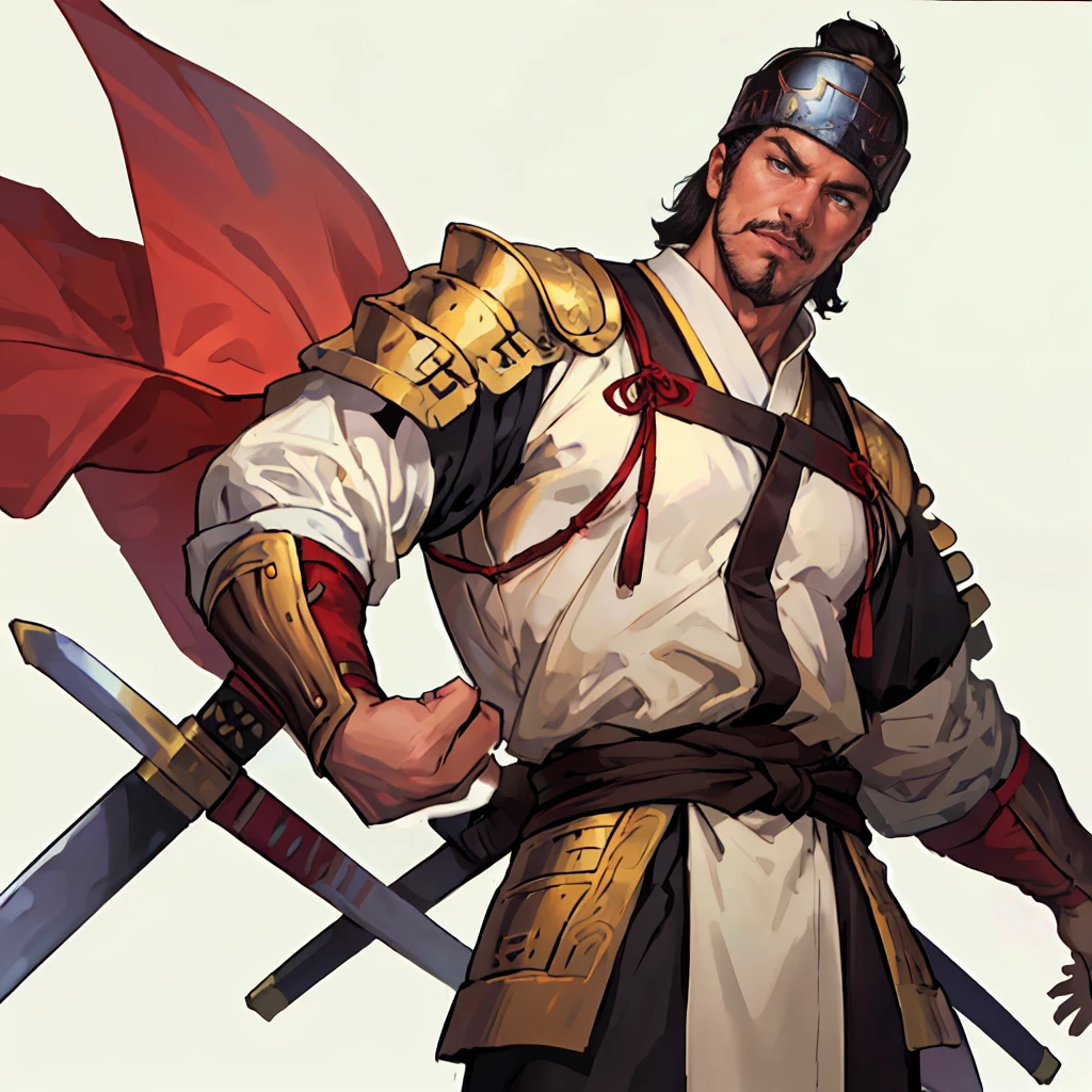 (Best Quality,4K,8k, high resolution,masterpiece:1.2),super detailed,(Realistic,photoRealistic,photo-Realistic:1.3),(((1 person))),30-year-old male,Ancient Chinese fierce generals ,moustache:1.2,Masculine and muscular,bulging muscles:1.2,Powerful Biceps:1.3, have square dandy faces ,Thick eyebrows, sharp eyesight , Dynamic Lighting ,( black ancient Chinese armor :1.2, helmets,dynamic pause,  with flashy decorated Engetsu swords:1.3,ataghan),( cowboy shot,knee level shot:1.2),(( white background:1.3,simple background))