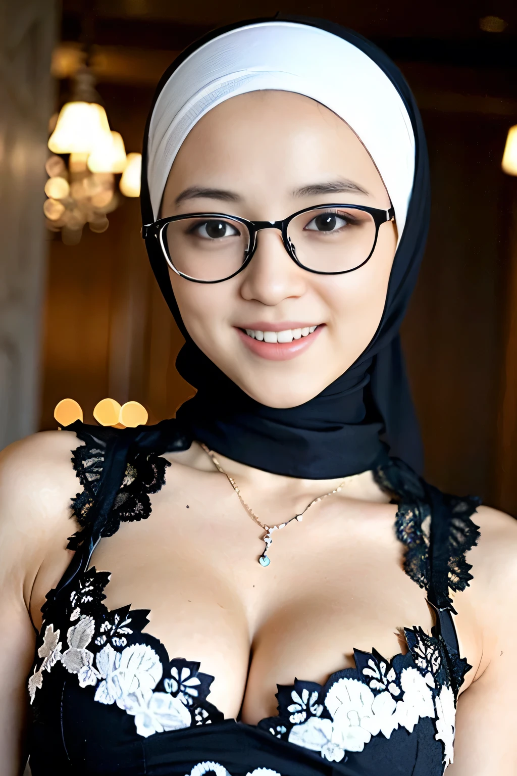 Beautiful, cute baby Face,  russian ****ta Girl, blue eyes, (wearing hijab) and sexy kebaya dress, big smile, glasses, Rounded huge Breast, big cleavage cutout, slightly Chubby, body tattoos, luxury necklace, White Skin, Smiling, Dark City Background, mid shot, upper body, Perfect Potrait, Bokeh Effect, Look at Viewer, Armpit, Perfect Eye, Perfect Hand, Perfect Finger, Bracelet, Ring, small breast, ((adorable:1.2)), ((masterpiece:1.1)), ((bokeh:1.2)),