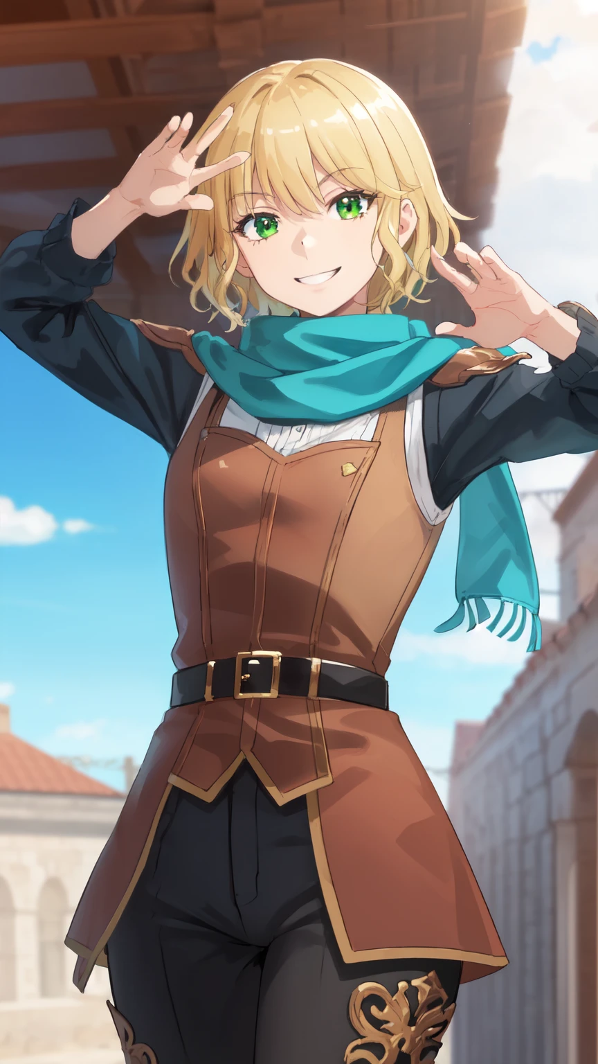 shele style ,  Best quality, ( masterpiece :1.2), detallada, (smiling), (((Empty a lanza))),  short hair , blonde, choke,  green eyes, Green-blue scarf,  white shirt , long sleeves, Bermuda, (((cowboy shot))), ((( Dynamic Pose ))), ( masterpiece ,  Best quality, ultra detailed,   beautiful illustration  ),  atmospheric perspective , depth of field,  beautiful detailed eyes ,  Dynamic Pose ,  dynamic angle , 1 girl, ((al aire libre,  fantasy city background)), 8K, 16K, trend on pixiv, Fan box, skeb,  masterpiece , detailed face, digital painting, ( Best quality, ultra detailed), (detallada background:1.2), (cara perfecta, detailed face), looking at the viewer, (mature female:1.4),  