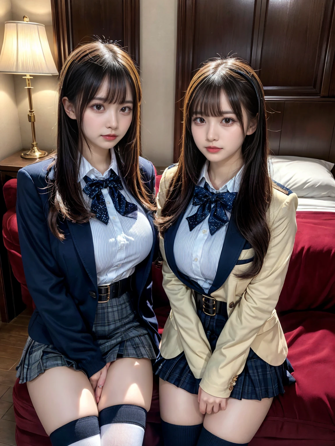 (8K, Raw photography, top-quality, masterpiece:1.2), muster piece, best quality, illustration, Super detailed, fine details, High resolution, 8K,wall paper, perfect dynamic composition,(Details High quality, realistic depiction of eyes:1.3), ((2 girls, 2 schoolgirls)), The background is a luxury hotel room、High school girl uniform、blazer 、Super Short Check Uniform Skirt、Navy blue high socks、garterbelts、Colossal tits、Disturbed uniform, Play with each other,Touching each other's bodies,Touching the body of the girl next door, short bob hair, black hair color, huge breasts, Big Natural Color Lip, bold sexy pose, (perfect body shape), crying a little、cold gaze, Beautiful makeup,glitter makeup,Cutest 18 years old、 beautiful legs, hposing Gravure Idol, Voluptuous thighs