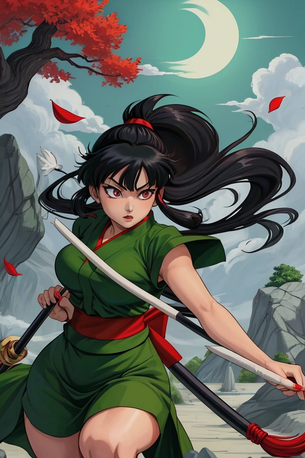 In the art style of Inuyasha. Imagine Kagome Higurashi from Inuyasha as an alluring Kunoichi. Her outfit is a sexy green Kunoichi dress. Her appearance reflects her keen knowledge of stealth and athletic prowess
