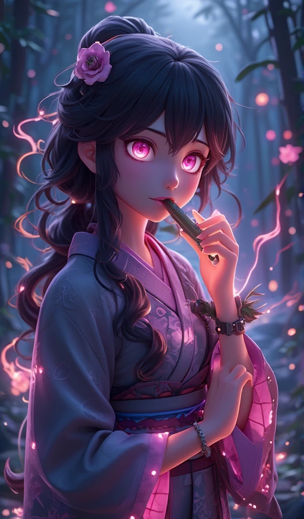 A young woman named Nezuko, with delicate and expressive features, with skin clear and large pink eyes that seem to glow with ethereal intensity. Her black hair is long, fluid, and gently waves down to her waist, with highlights at the ends in a vibrant shade of burnt orange. She wears a traditional Japanese kimono in shades of soft pink and black, with a characteristic geometric pattern. There is a bioluminescent glow emanating from her body: a light and pulsating aura that outlines her arms, legs and hair, highlighting her features in shades of luminous pink and lilac. This effect causes her veins to emit a slight luminescence beneath her skin, especially on her wrists and ankles, as if mystical energy flows through her body. Nezuko's eyes glow intensely, with a determined look,  and in her mouth is the characteristic bamboo that she bites to contain her demonic impulses, now with details of luminous lines, as if magic surrounds her and illuminates the environment around her.
(anime style 32K, HDR, UHD, intricate detail, extremely intricate detail, hyperrealistic, extremely realistic, high quality, vivid color, extremely detailed).