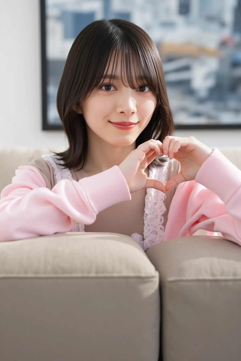 She is in a pose wearing a sexy camisole, making a firm big heart shape with both hands, and holding it in front of her chest, Cute smile up、Monotone background

