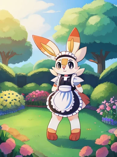   scorbunny, Pokémon,Iris,garden, (  anatomically correct ) (Fluffy) ( furry) (Fluffyの足) (black pupils) ((Full Body)) (cute) (Maid)first round