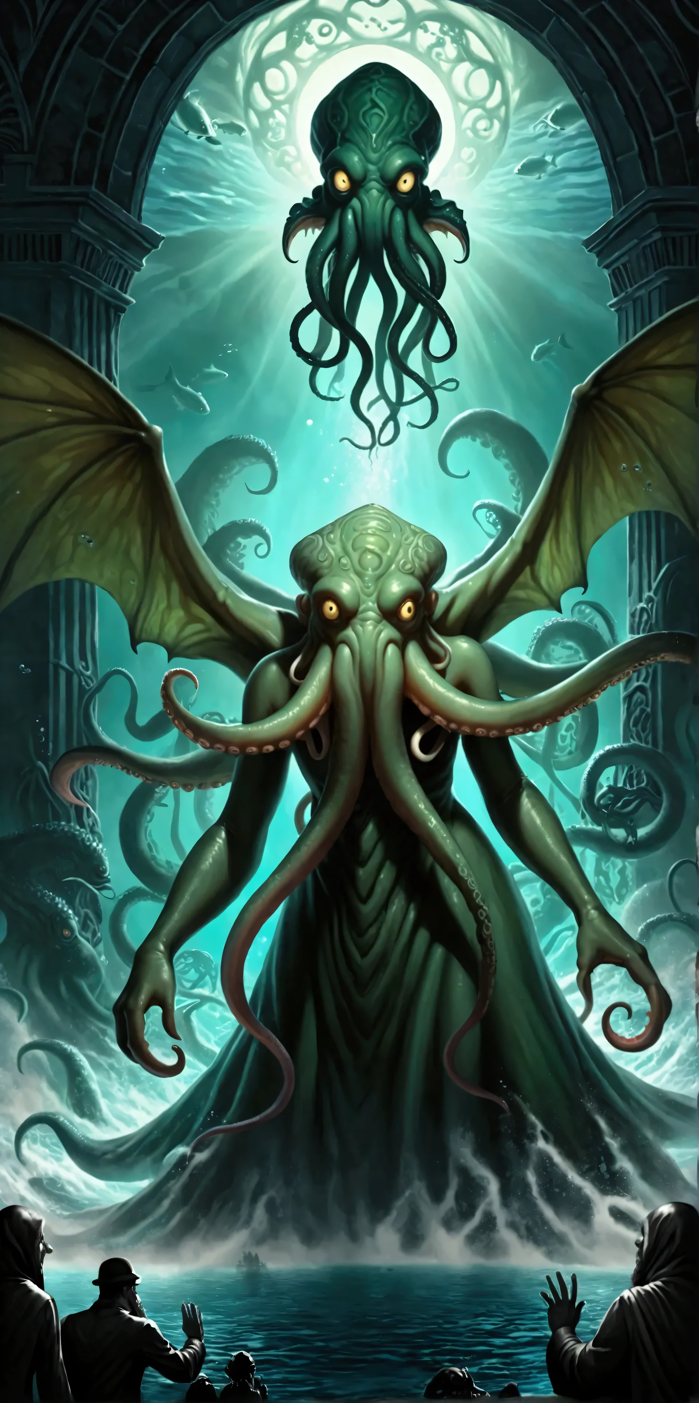 (1girl and 1monster:1.4),1girl\(nun,crazy face,mad face,deep ones,greyish-green, white bellies,mostly shiny and slippery,vaguely suggested the anthropoid, (heads of fish:1.3), prodigious bulging eyes,palpitating gills,praying fervently for Cthulhu resurrection\), 1monster\((Cthulhu:1.3), excessively huge haze,green,octopus-like head, face\(mass of feelers\), scaly, rubbery body, prodigious claws on hand and fore feet,  wings\(long, narrow\)\). BREAK .(maddening just to look at:1.3), background\((psychedelic landscape),(dark underwater temple)\),(dynamic angle:1.4).  BREAK .quality\(8k,wallpaper of extremely detailed CG unit, high resolution, top-quality, top-quality real texture skin, hyper realistic, increase the resolution, RAW photos, best quality, highly detailed, the wallpaper, golden ratio, high saturation realism, vibrant colors, dramatic lighting, persuasive storytelling, atmospheric scenery, captivating visuals, intricate details, strong emotions, dreamlike world\),art for THE CALL OF CTHULHU,powerful paintings, religious painting, mood of horror