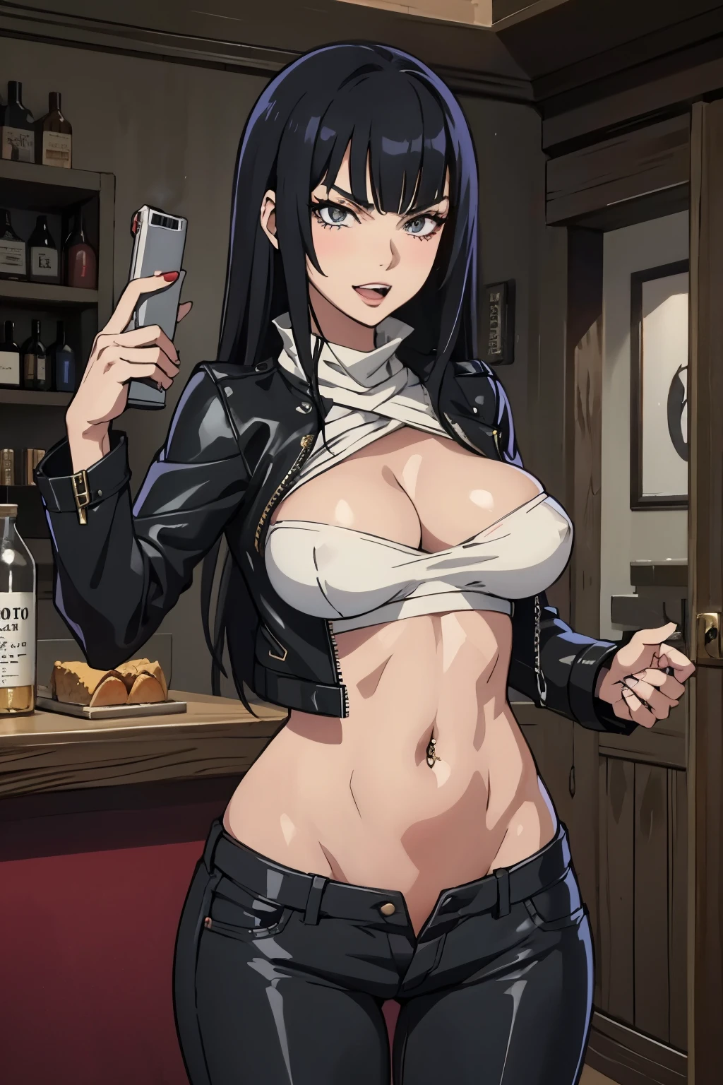 1 girl,black hair, long hair, large breast, blush, lipstick, Hot girl, baddie, staring, glaring, bad attitude, mean girl, crazy, smoking, sensual, attractive, bar background, inside bar,indoor, bar background, inside bar,indoor, masterpiece, best quality, highly detailed, a girls with a gun, evil smile , open mouth, sexy gaze, badass pose , evil smile, smile, guns blazing, anime girl with long hair, beautiful long haired girl, navel, evil expression, exposed belly, exposed navel, exposed midriff, exposed lower belly, long black pants, crop top, cleavage, unbuttoned leather pants ,open fly, low rise black leather pants, leather jacket, holding a gun, holding pistol,,, navel piercing