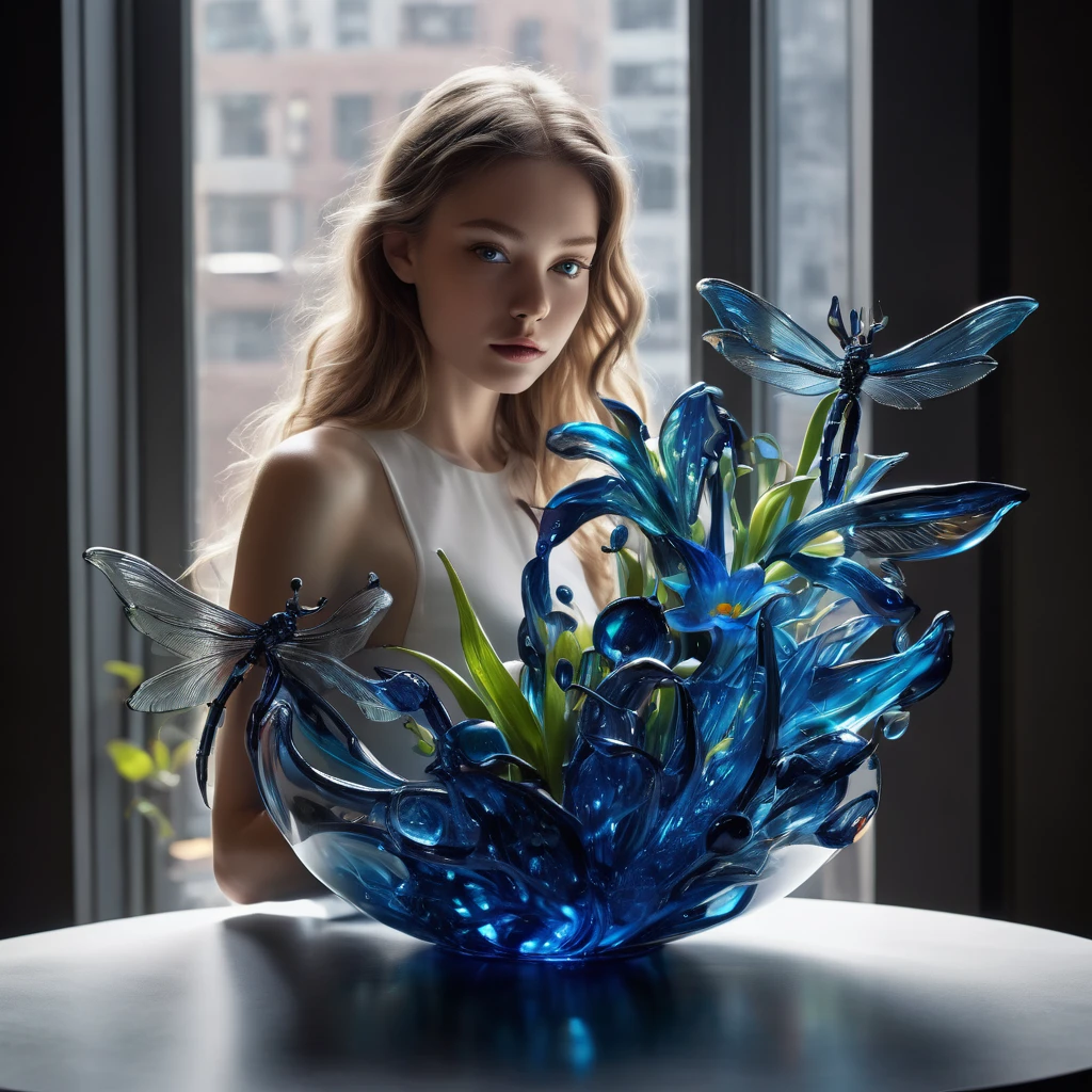  high resolution ,  high quality, masterpiece. Hyperrealism. 35award winner .  Glass sculpture ,  reminiscent of Dale Chihuly's style ,  Captured in essence photos by Patrick Demarchelier ,  depicting an android girl with a disproportionately large size,  Dragonfly eyes ,  holding a dark blue neon lily of the valley made of acrylic and metal ,  Glass flowers in the hands ,  Surreal atmosphere ,  filled with love themes ,  hugs of affection ,  hyperrealistic interpretation , resolution 32k, , ultra high definition,  rich in bright colors ,  pen and ink accuracy ,  optimal composition 