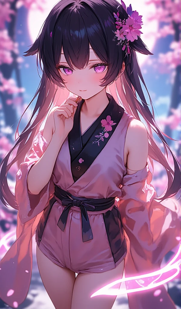 A young woman named Nezuko, with delicate and expressive features, with skin clear and large pink eyes that seem to glow with ethereal intensity. Her black hair is long, fluid, and gently waves down to her waist, with highlights at the ends in a vibrant shade of burnt orange. She wears a traditional Japanese kimono in shades of soft pink and black, with a characteristic geometric pattern. There is a bioluminescent glow emanating from her body: a light and pulsating aura that outlines her arms, legs and hair, highlighting her features in shades of luminous pink and lilac. This effect causes her veins to emit a slight luminescence beneath her skin, especially on her wrists and ankles, as if mystical energy flows through her body. Nezuko's eyes glow intensely, with a determined look,  and in her mouth is the characteristic bamboo that she bites to contain her demonic impulses, now with details of luminous lines, as if magic surrounds her and illuminates the environment around her.
(anime style 32K, HDR, UHD, intricate detail, extremely intricate detail, hyperrealistic, extremely realistic, high quality, vivid color, extremely detailed).