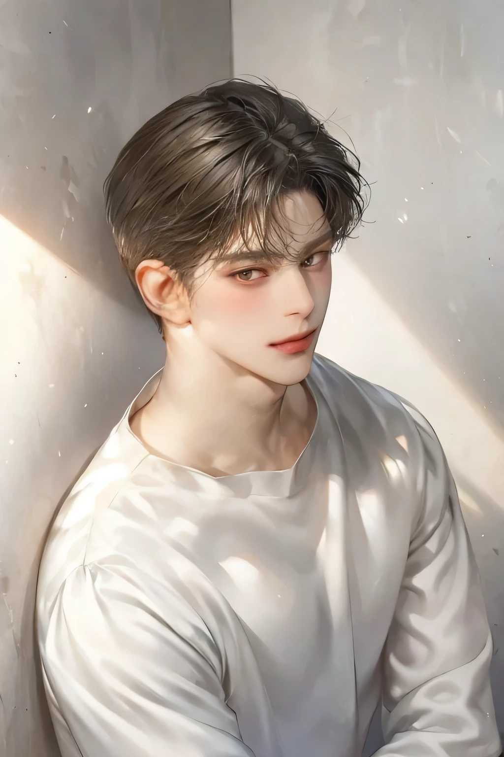 masterpiece, best quality, Detailed Eyes, high quaility, 1 male, male, 1 boy, gentle, soft, handsome, tall, skinny, flat chest, short hair, hair between eyes, undercut, looking at viewer , blush. happy, upper body, black colored hair, brown colored eyes,a hadsome man, white dresaed shirts, silver neckglace