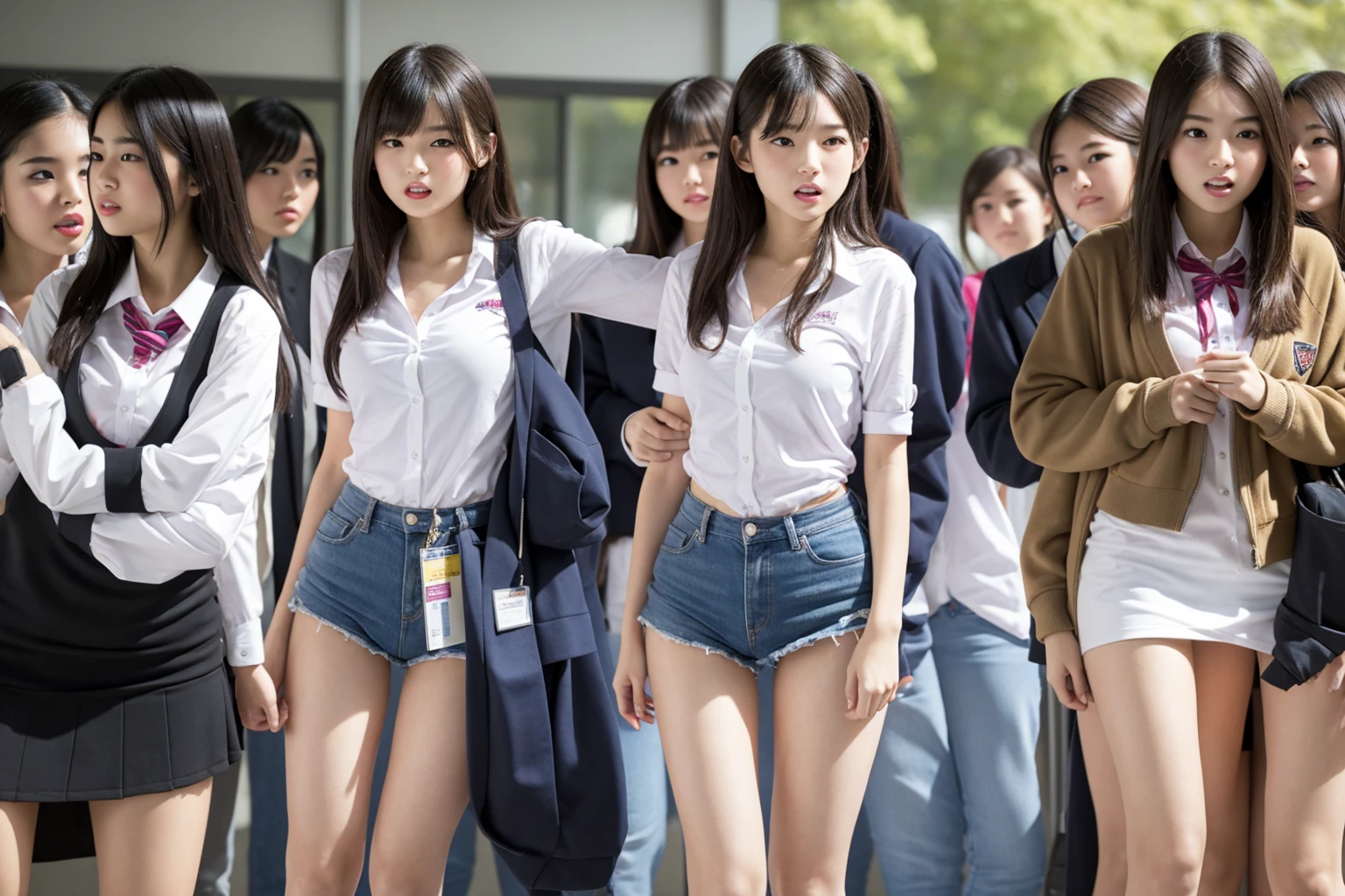((No clothes))、((Crouch)),Completely naked、Girl1people,Thick pubic hair,Small nipples、Slender body、Being thin、Long, slender legs、With legs apart,loafers,school bag,Young face、bangs,A small smile,Thighs,knees,Low ponytail with barrette,From below,Front light,Cherry blossoms in the park