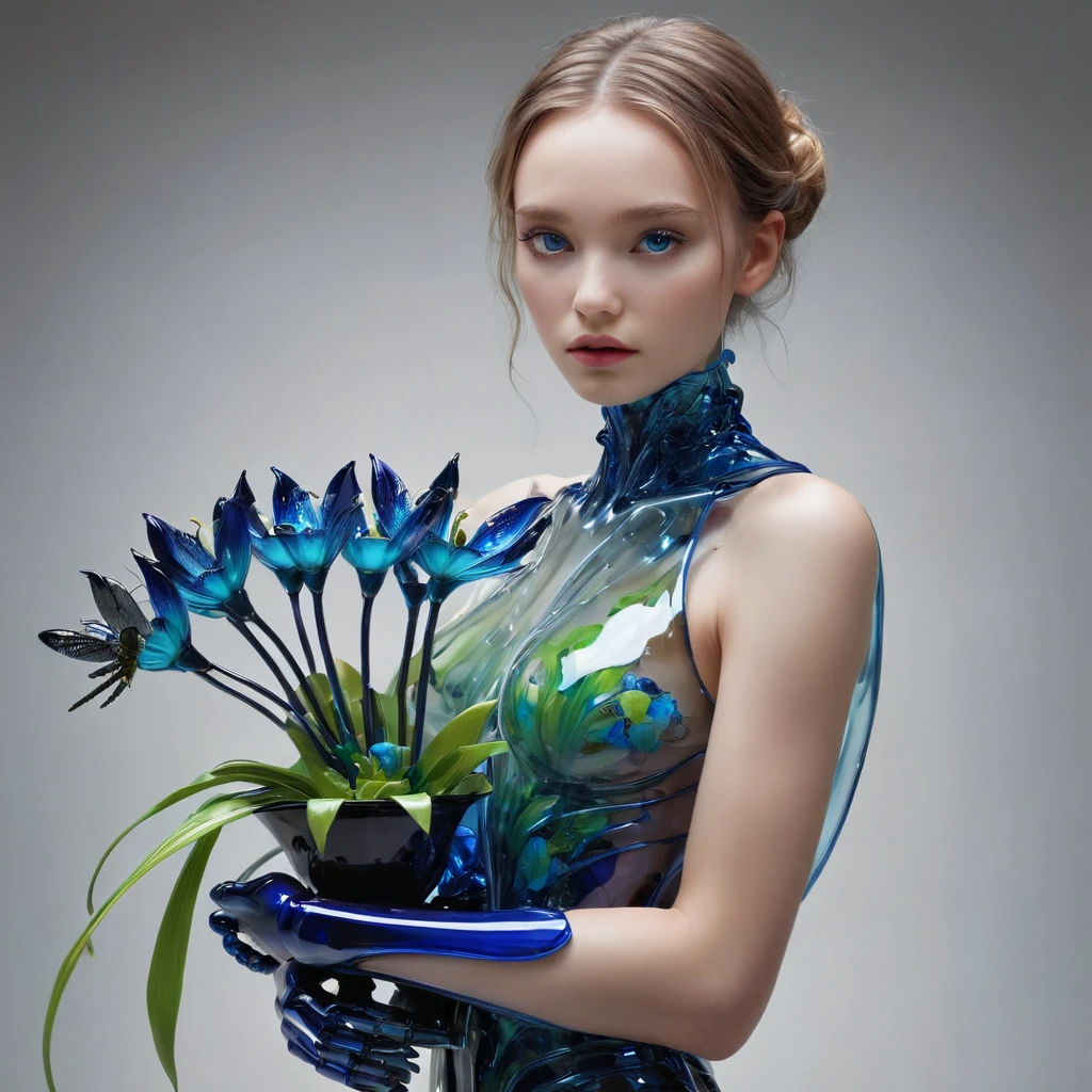  high resolution ,  high quality, masterpiece. Hyperrealism. 35award winner .  Glass sculpture ,  reminiscent of Dale Chihuly's style ,  Captured in essence photos by Patrick Demarchelier ,  depicting an android girl with a disproportionately large size,  Dragonfly eyes ,  holding a dark blue neon lily of the valley made of acrylic and metal ,  Glass flowers in the hands ,  Surreal atmosphere ,  filled with love themes ,  hugs of affection ,  hyperrealistic interpretation , resolution 32k, , ultra high definition,  rich in bright colors ,  pen and ink accuracy ,  optimal composition 