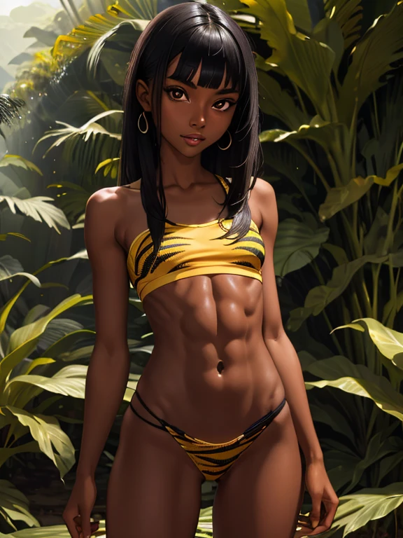  black straight hair,blunt bangs,
Very young girl,very dark skin girl,
***ite,slender,very thin complexion,skinny abs,slim arms,
masterpiece, best quality, HDR,
african jungle background,
small breasts,,smooth pussy,
