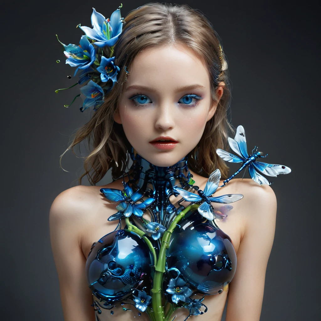  high resolution ,  high quality, masterpiece. Hyperrealism. 35award winner .  Glass sculpture ,  reminiscent of Dale Chihuly's style ,  Captured in essence photos by Patrick Demarchelier ,  depicting an android girl with a disproportionately large size,  Dragonfly eyes ,  holding a dark blue neon lily of the valley made of acrylic and metal ,  Glass flowers in the hands ,  Surreal atmosphere ,  filled with love themes ,  hugs of affection ,  hyperrealistic interpretation , resolution 32k, , ultra high definition,  rich in bright colors ,  pen and ink accuracy ,  optimal composition 