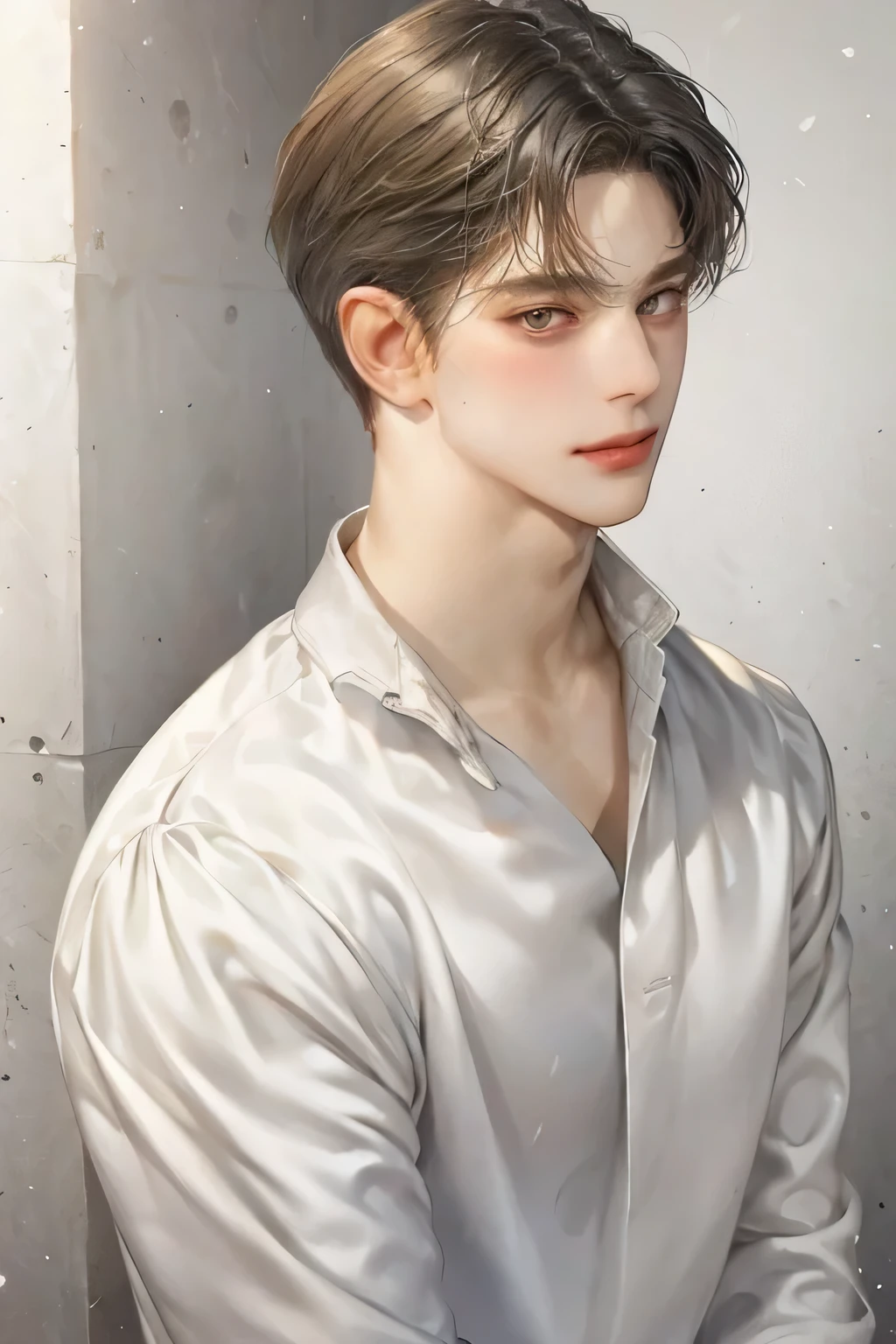 masterpiece, best quality, Detailed Eyes, high quaility, 1 male, male, 1 boy, gentle, soft, handsome, tall, skinny, flat chest, short hair, hair between eyes, undercut, looking at viewer , blush. happy, upper body, black colored hair, brown colored eyes,a hadsome man, white dresaed shirts, silver neckglace