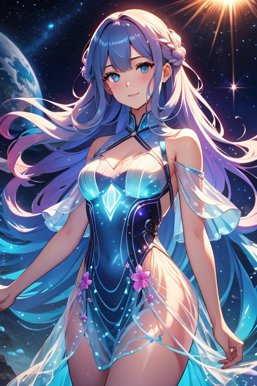 {{{masutepiece}}}, {{best qualtiy, An ultra-fine illustrations, beautifulanddelicatewater}}, {{very delicate light}}, {{Nature, Painting}}, {{Fine Lighting, More transparent stars, Very fine 8K PCG wallpaper}}, (plateau), Sunrise, randomly distributed clouds, cliff, ((Rotating starry sky)), Beautiful girl with long light blue hair with luminous particles、Twin-tailed、adorable smiling、facing front、Super Gloss Metallic Coral Rainbow Transparent Holographic Suit:1.2),