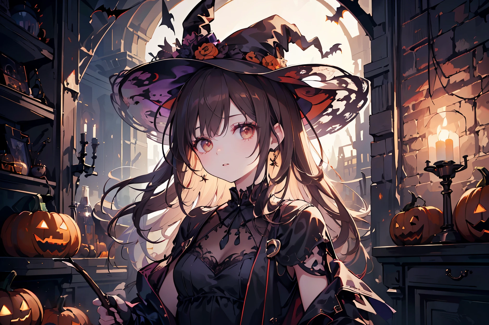 (((Best quality, 8k, Masterpiece: 1.3)), ((best quality)), ((masterpiece)), (detailed), photorealistic, perfect face, woman with brown hair is dressed in a Halloween witch costume. She wears a stylish black witch's hat with a slight tilt, a flowing dark dress with subtle lace details, and carries a small broomstick. Her makeup is elegant, with a hint of dark lipstick, giving a mysterious yet charming look. The background is a Halloween-themed setting with dim lighting, pumpkins, and a spooky but chic atmosphere, capturing the spirit of Halloween night.