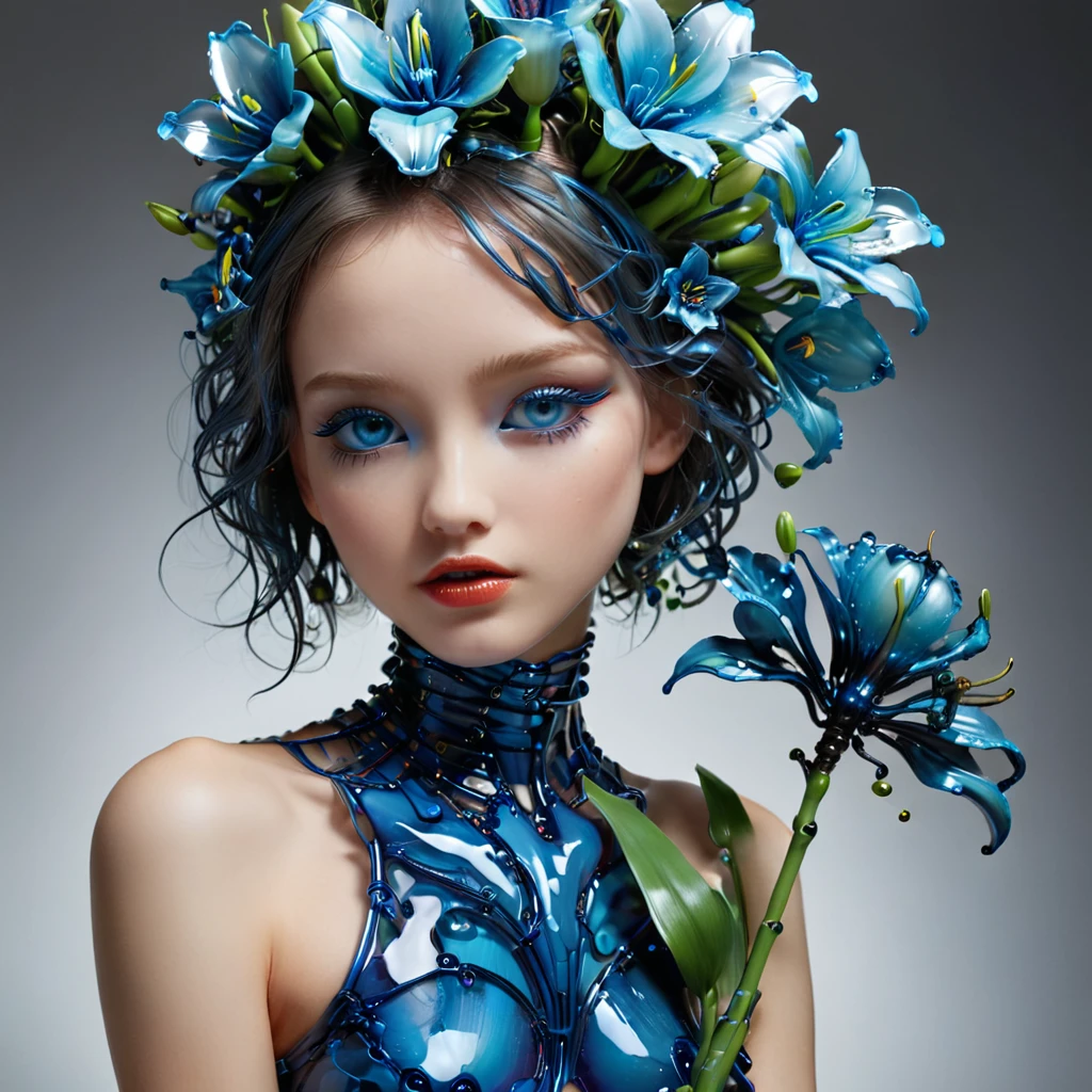  high resolution ,  high quality, masterpiece. Hyperrealism. 35award winner .  Glass sculpture ,  reminiscent of Dale Chihuly's style ,  Captured in essence photos by Patrick Demarchelier ,  depicting an android girl with a disproportionately large size,  Dragonfly eyes ,  holding a dark blue neon lily of the valley made of acrylic and metal ,  Glass flowers in the hands ,  Surreal atmosphere ,  filled with love themes ,  hugs of affection ,  hyperrealistic interpretation , resolution 32k, , ultra high definition,  rich in bright colors ,  pen and ink accuracy ,  optimal composition 