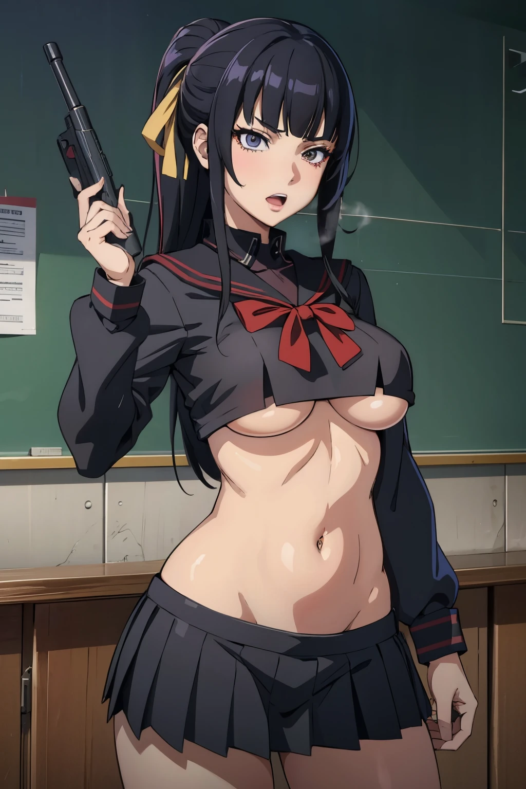 1 girl,black hair, long hair, large breast, blush, lipstick, Hot girl, baddie, staring, glaring, bad attitude, mean girl, crazy, smoking, sensual, attractive, masterpiece, best quality, highly detailed, a anime girls in sailor uniforms with a gun posing for a picture,
evil smile, smile, open mouth,black_serafuku, ecchi anime style, anime girls , (nsfw) not safe for work,
ecchi style, ecchi, shipgirls, digital anime art!!, high school girls, holding a gun, hold a gun, anime style 4
k, micro skirt, exposed belly, exposed navel, exposed midriff, holding pistol,underboob,
exposed lower belly,school, classroom, navel piercing