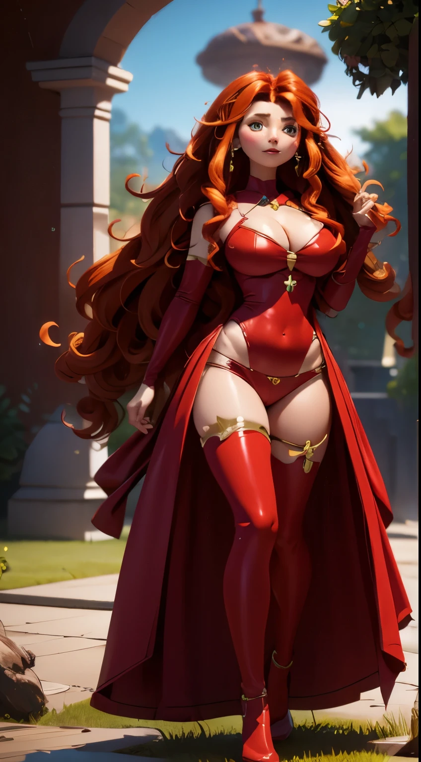Full body, beatiful eyes, blush, cute face, realistic, 8k, best quality, masterpiece, high resolution, (1 cute woman, solo: 1.1), very big breasts, long red hair, red dress, red elbow gloves, red high heel boots, naked shoulders