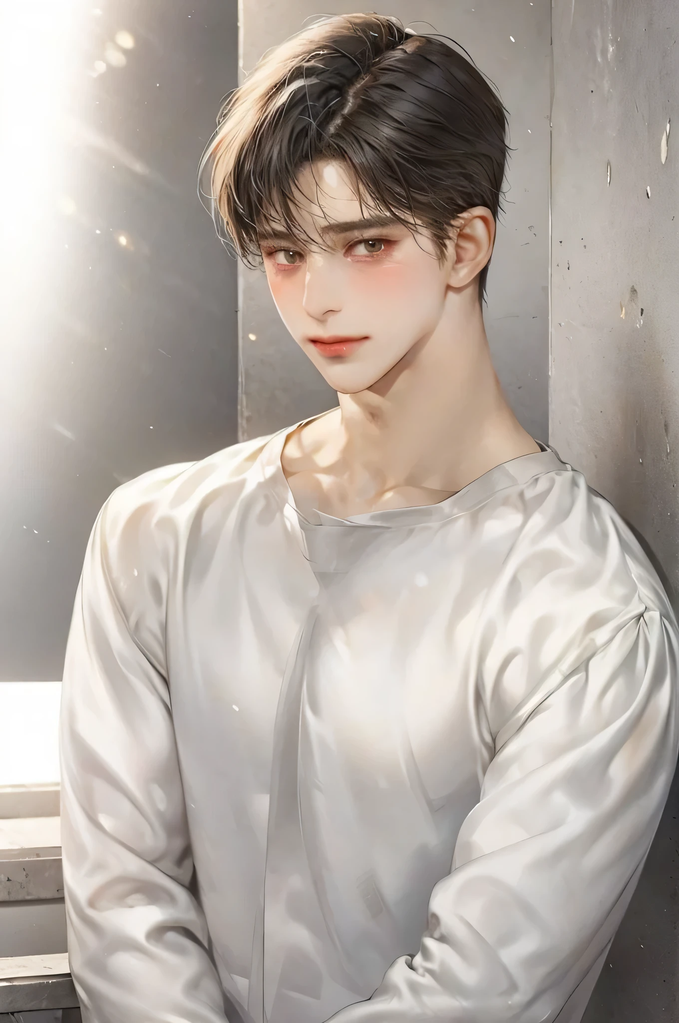 masterpiece, best quality, Detailed Eyes, high quaility, 1 male, male, 1 boy, gentle, soft, handsome, tall, skinny, flat chest, short hair, hair between eyes, undercut, looking at viewer , blush, upper body, black colored hair, brown colored eyes,a hadsome man, white dresaed shirts, silver neckglace, sad, crying