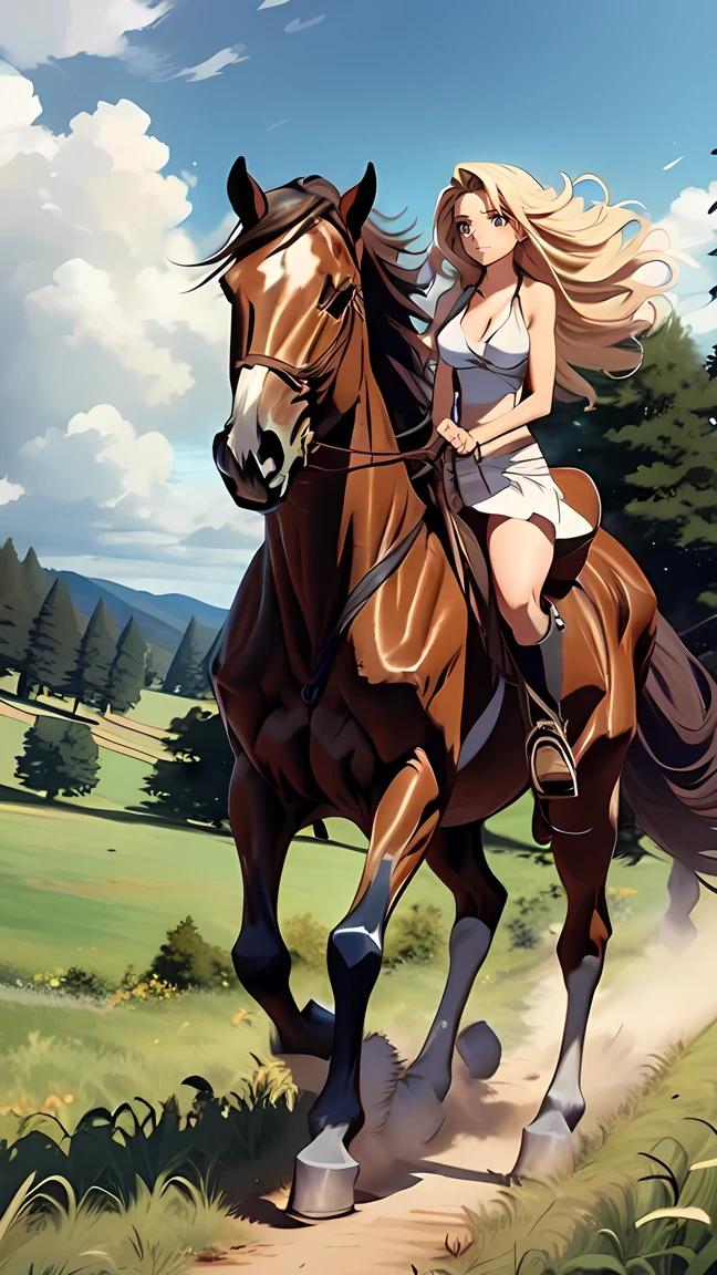 ((best quality)), ((masterpiece)), (high detailed), 8k, codeGeass, cinematic lighting, perfect face, large breast, cleavage, riding a on HORSE, (long hair, {blonde hair}, brown eyes), (one piece sleeveless miniskirt), (brown horse, saddle, reins, bridle, stirups), solo, in the grassland, both hand holding rein, from side: 1.2, anatomically correct 