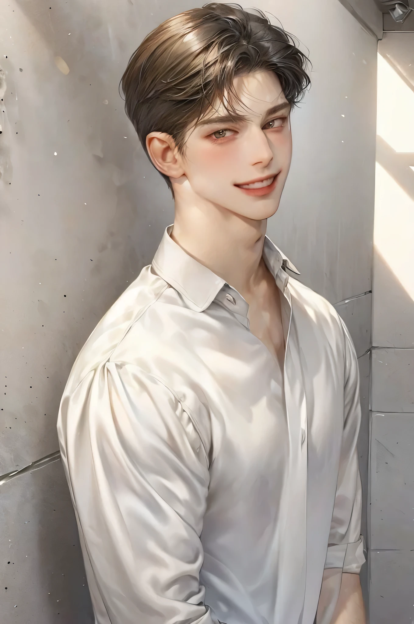 masterpiece, best quality, Detailed Eyes, high quaility, 1 male, male, 1 boy, gentle, soft, handsome, tall, skinny, flat chest, short hair, hair between eyes, undercut, looking at viewer , blush, upper body, black colored hair, brown colored eyes,a hadsome man, white dresaed shirts, silver neckglace, smile