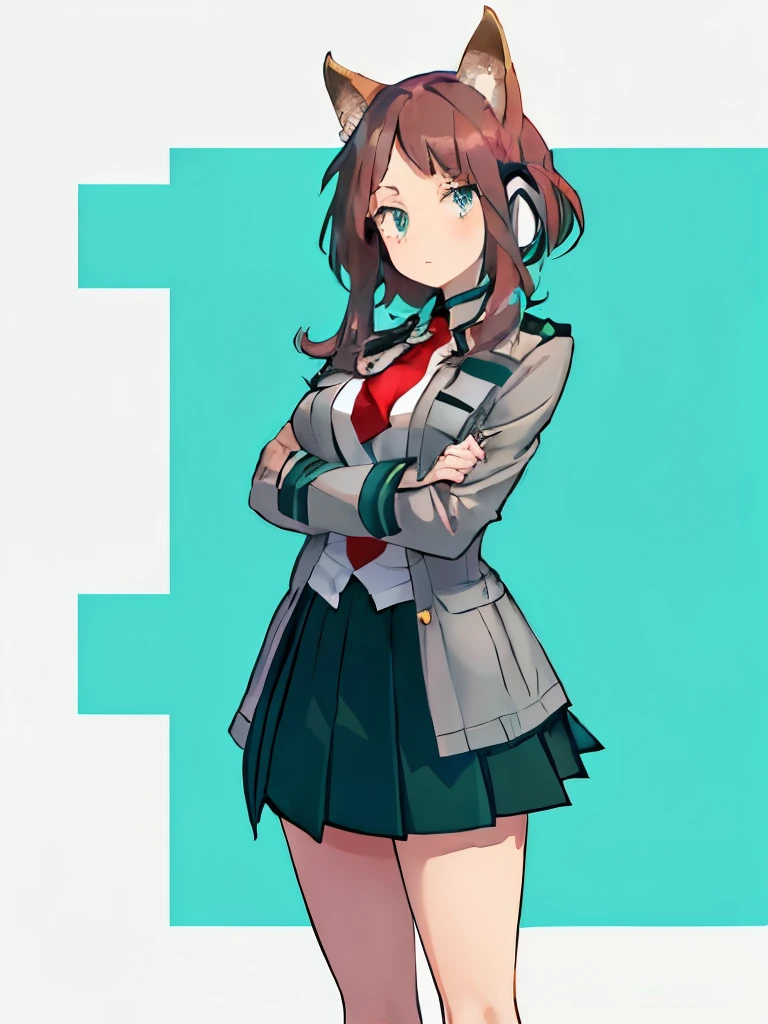 (  Brown-haired girl with turquoise tips ) ( short fox ears ) (turquoise blue eyes) ( long hair  hasta las piernas) (look: Fria Seria ) arms crossed (clothing:  schoolgirl's uniform.a) (Light grey blouse, red tie, Dark  green skirt ) ( big breasts ) school uniform, shackles,  green skirt ,gray coat, atar, ,  serious expression , cinematic , shading, , Park ( long hair  castaño con puntas turquesa) Long hair Brown hair with turquoise tips Hair :  Long at the feet dyed the ends of the hair blue Turquoise blue hair extension,  long hair , headphones on