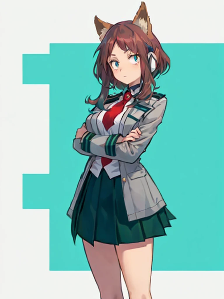 (  Brown-haired girl with turquoise tips ) ( short fox ears ) (turquoise blue eyes) ( long hair  hasta las piernas) (look: Fria Seria ) arms crossed (clothing:  schoolgirl's uniform.a) (Light grey blouse, red tie, Dark  green skirt ) ( big breasts ) school uniform, shackles,  green skirt ,gray coat, atar, ,  serious expression , cinematic , shading, , Park ( long hair  castaño con puntas turquesa) Long hair Brown hair with turquoise tips Hair :  Long at the feet dyed the ends of the hair blue Turquoise blue hair extension,  long hair , headphones on