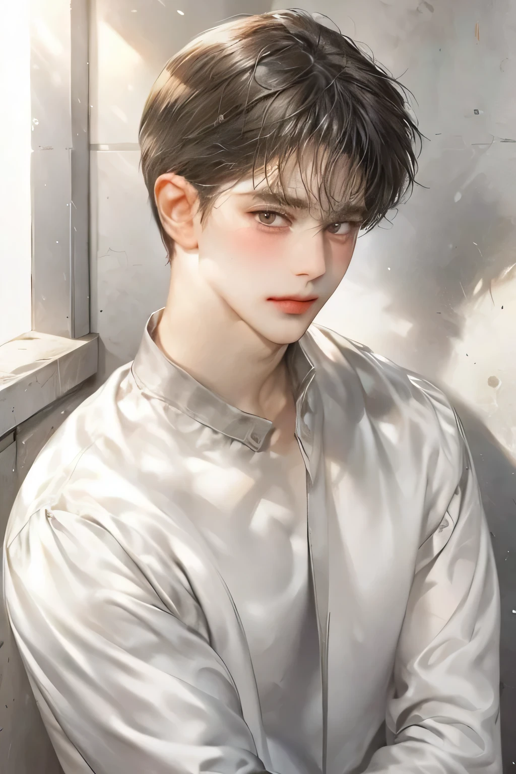 masterpiece, best quality, Detailed Eyes, high quaility, 1 male, male, 1 boy, gentle, soft, handsome, tall, skinny, flat chest, short hair, hair between eyes, undercut, looking at viewer , blush, upper body, black colored hair, brown colored eyes,a hadsome man, white dresaed shirts, silver neckglace, sad, crying face