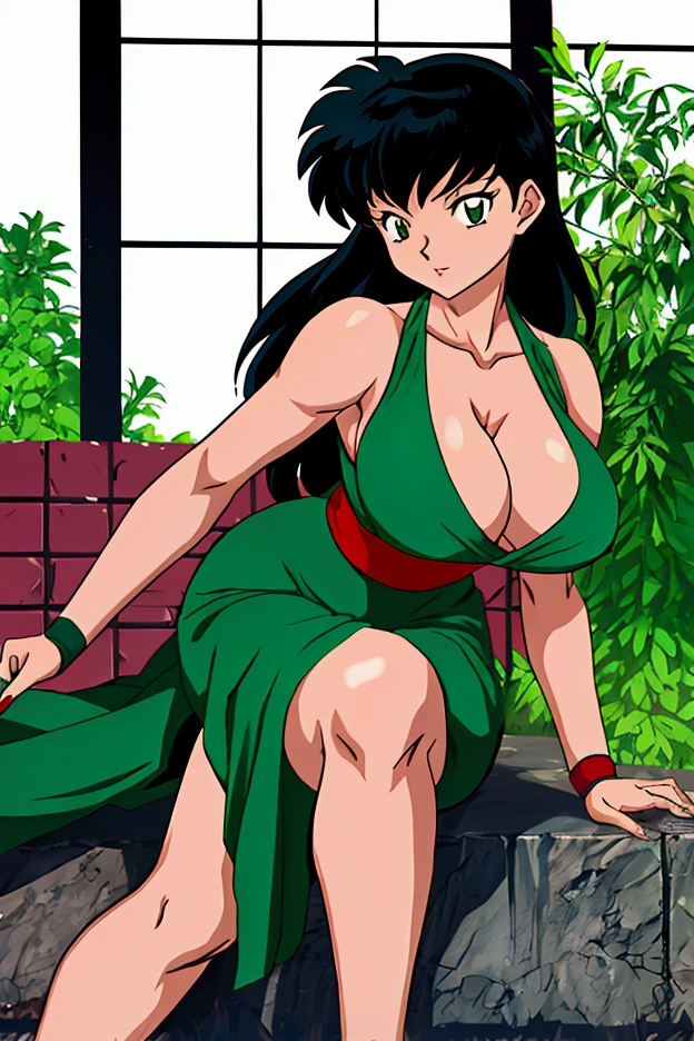 In the art style of the anime Inuyasha, imagine Kagome Higurashi as an alluring Kunoichi. She has big breasts, and her outfit is a sexy green Kunoichi dress. Her appearance reflects her keen knowledge of stealth and athletic prowess.
