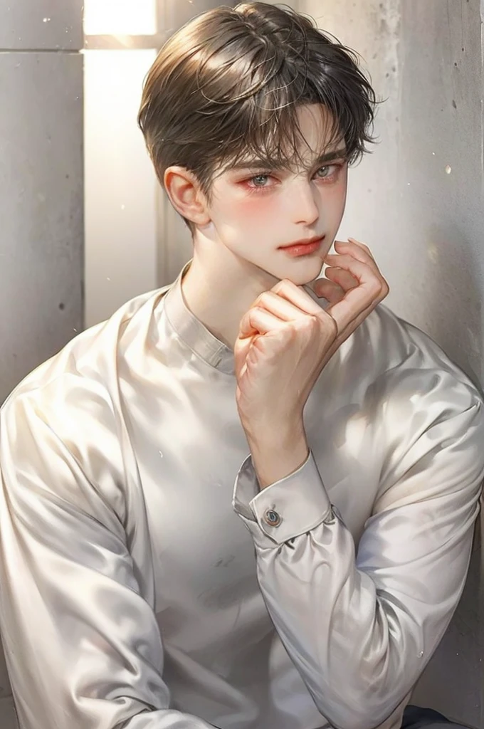 masterpiece, best quality, Detailed Eyes, high quaility, 1 male, male, 1 boy, gentle, soft, handsome, tall, skinny, flat chest, short hair, hair between eyes, undercut, looking at viewer , blush, upper body, black colored hair, brown colored eyes,a hadsome man, white dresaed shirts, silver neckglace, sad, crying face, tear