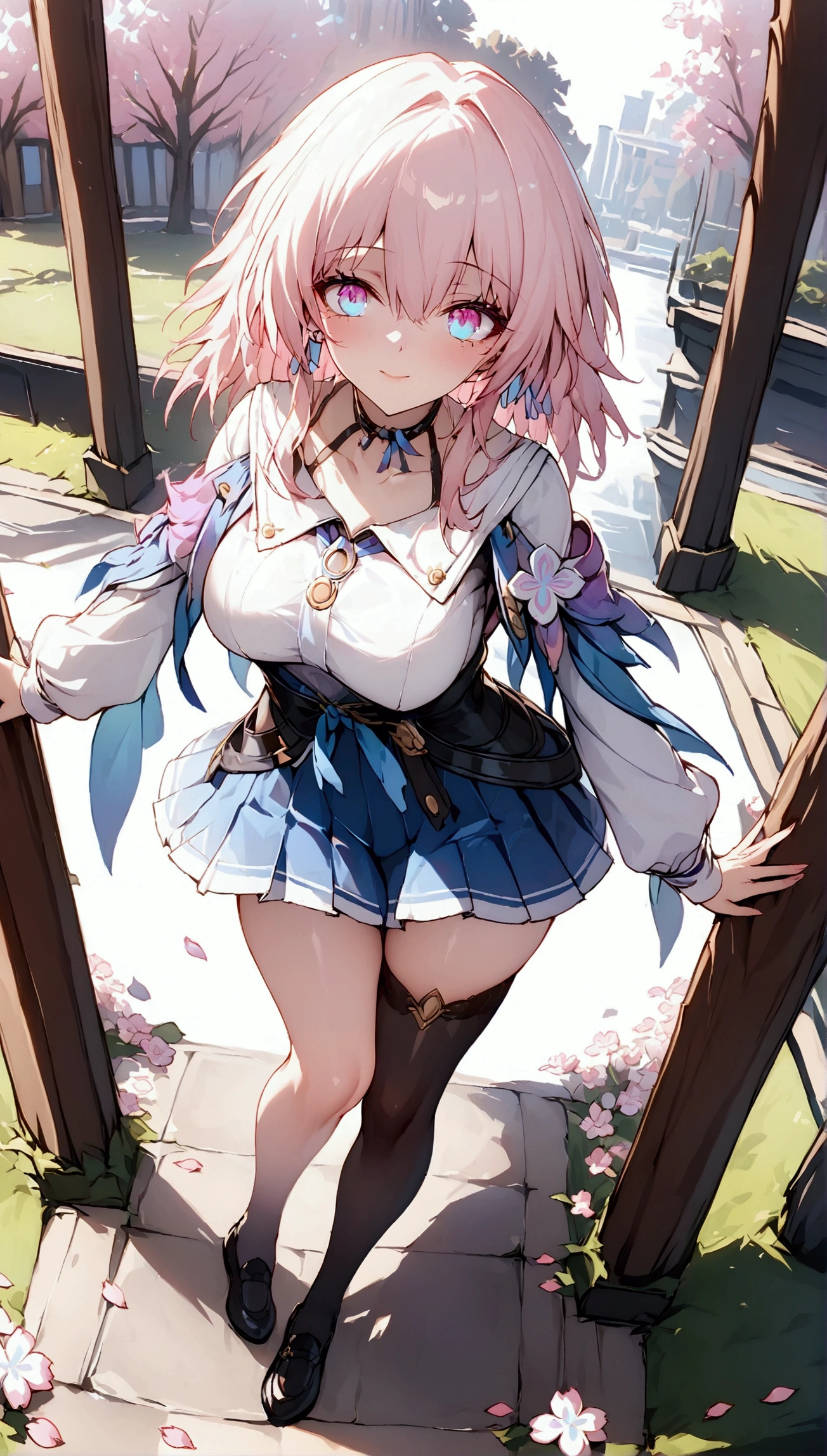 (Masterpiece. The best quality. 8K. Sharp focus. Depth of field, The best shadows. Perfect lighting. HDR. Realistic skin texture. Ultra-detailed background. Detail). Anime style. 1 girl. Honkai: Star Rail. March 7. High . Pink hair. Short hair. Beautiful hair. Ultra-detailed hair. Two-tone eyes. Pink and blue eyes. Beautiful eyes. Beautiful eyes. Expressive eyes. Ultra-detailed eyes. Perfect face. Beautiful face. Cute face. Beautiful nose. Thin lips. Ultra-detailed face. Perfect anatomical body. Slender body. Slender figure. Average height. Slender waist. Fourth size breasts. Large breasts. Beautiful breasts. Rounded hips. Beautiful, long arms. Beautiful, long legs. Ultra-detailed arms. Ultra-detailed legs. Ultra-detailed body.  Ultra-detailed breasts. Ultra-detailed crotch. School uniform. Black stockings. White blouse. Flared skirt. Shoes. Tie. Jacket. School yard. Cherry blossoms. Wind. Cherry blossom petals. The yearling's rigand. Adjusts her hair with her hand. Looks into the distance. The girl stands at full height. The girl stands at full height. Full body. Ultra-detailed graphics. Ultra-detailed picture. The highest resolution.