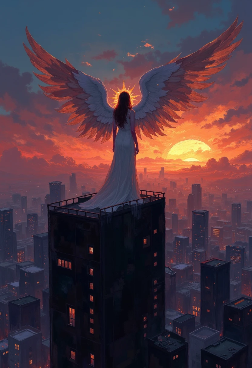  DB4RZ style painting 、Modern cityscape at dusk 、Perth、Beautiful angel_Back view, spread your wings and arms and look down at the lower world from the top of a very tall building、Enveloping an angel、Towards the Sunset、Wear an aura、Beautiful sunset in the wide sky