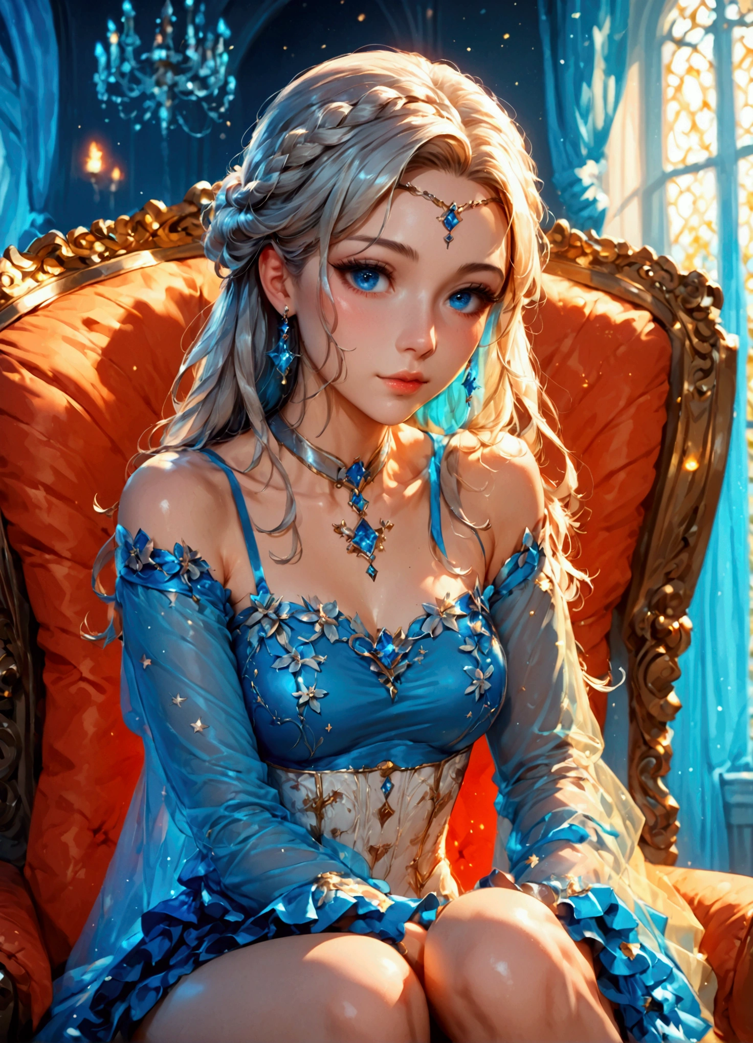 score_9, score_8_up, score_7_up, score_6_up, score_5_up, score_4_up, 1girl, a (fullbodyportrait:1.3) sitting on a chair of a blond female with galaxy blue eyes, cute, epic, hires, artstation, true beauty, perfect face, perfect body, ((masterpiece)), digital drawing, head to toes