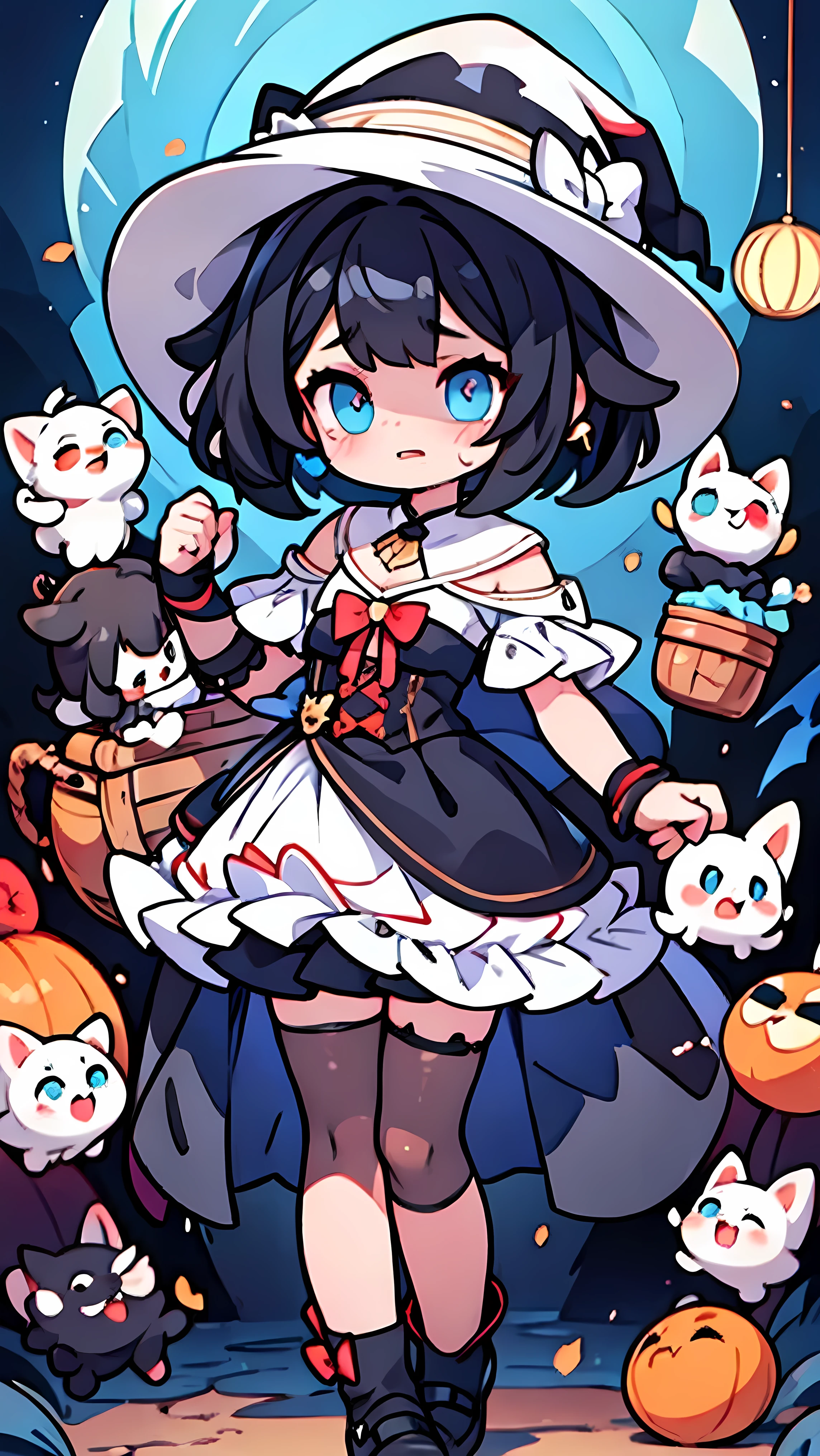 Black Hair,Dog Ears,Bob,Big Eyes,  blue eyes  ,Droopy eyes, Art ,witch, Another world,8k,  Movie Lighting  ,High image quality,lolita,tears,Very surprised, and open their mouths wide