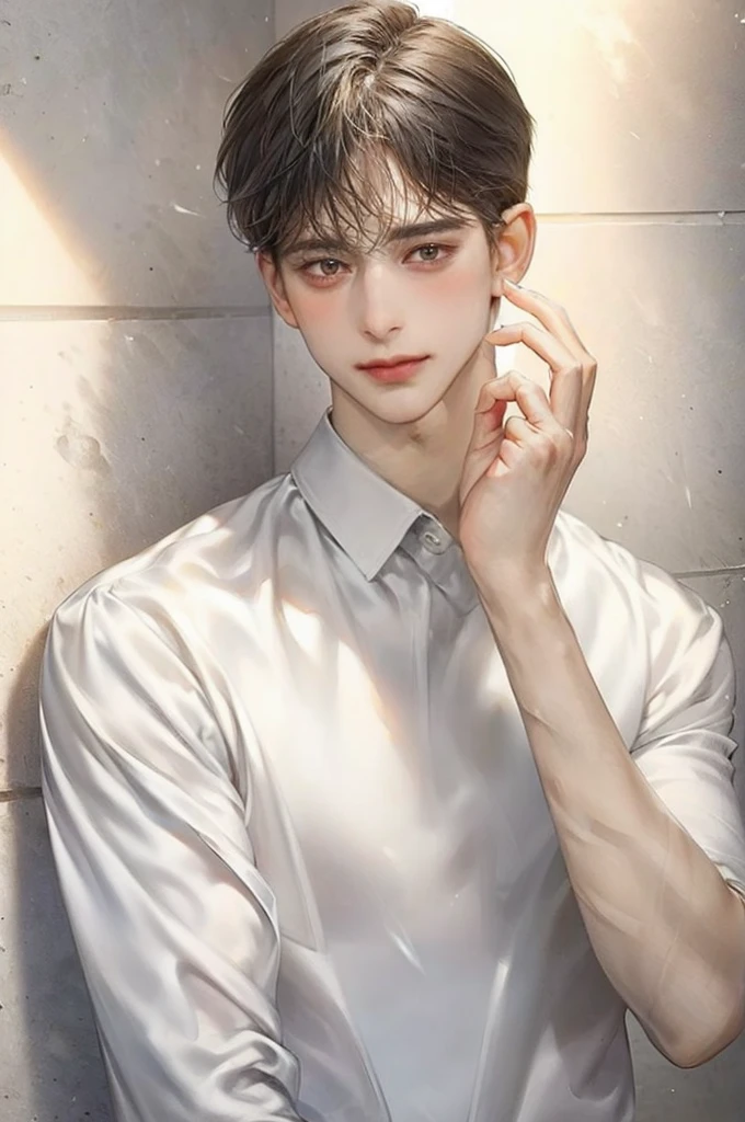 masterpiece, best quality, Detailed Eyes, high quaility, 1 male, male, 1 boy, gentle, soft, handsome, tall, skinny, flat chest, short hair, hair between eyes, undercut, looking at viewer , blush, upper body, black colored hair, brown colored eyes,a hadsome man, white dresaed shirts, silver neckglace